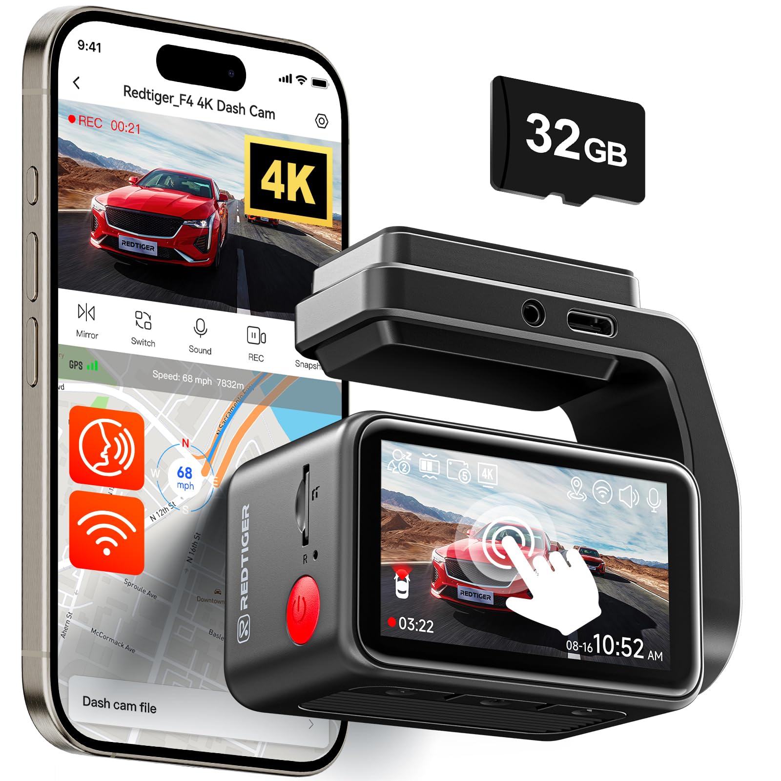 REDTIGER F4 4K Dash Cam Front, 2.2 inch Mini Car Camera, 2160P UHD Touch Screen, Voice Control, Included 32GB Card, Night Vision, Built-in GPS, WiFi APP Control, Loop Recording, 24H Parking