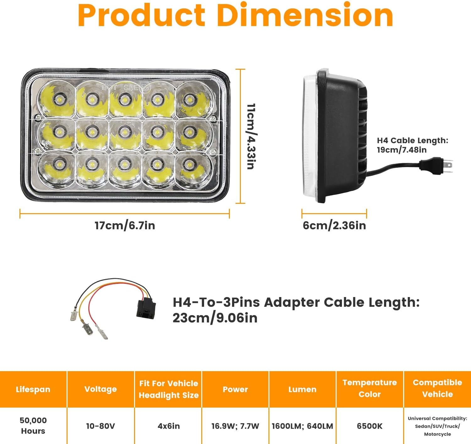 Moclever 2 pcs Rectangular 4x6in LED Headlights Hi/Low Sealed Beam Replacement Headlamp,White Light,IP68 Waterproof W/H4 Socket H4-to-3Pins Adapter for 10-80V SUV Truck Sedan Car Vehicle Motorcycle