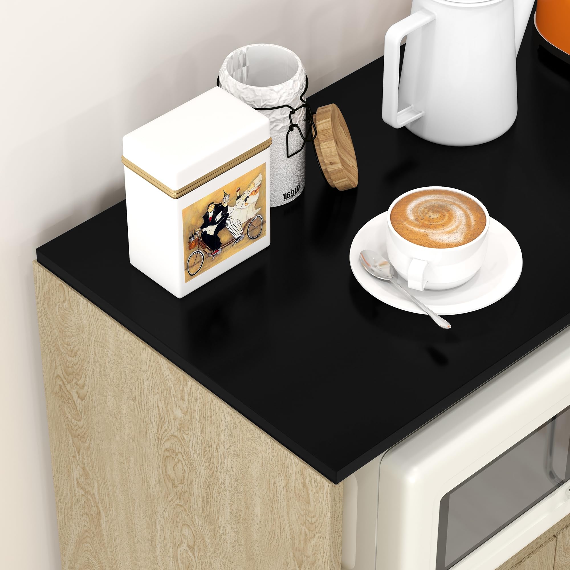 HOMCOM Carrello Cucina con Ripiano Aperto, Armadietto a 2 Ante e Scaffale Laterale a 2 Livelli, Carrello Multiuso con Ripiano Regolabile in Legno, 75x40x80.5 cm, Color Rovere e Nero