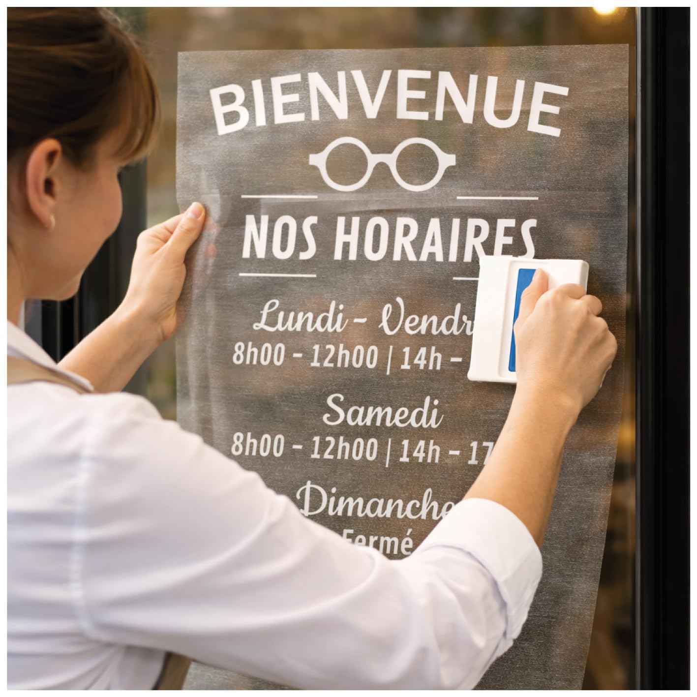 Sticker Horaires Ouverture Magasin Personnalisé – Autocollant Vitrine Commerce 28x42 cm – Adhésif Horaires Boutique/Restaurant/Salon – Vinyle Intérieur Extérieur – Blanc Noir Or Argent