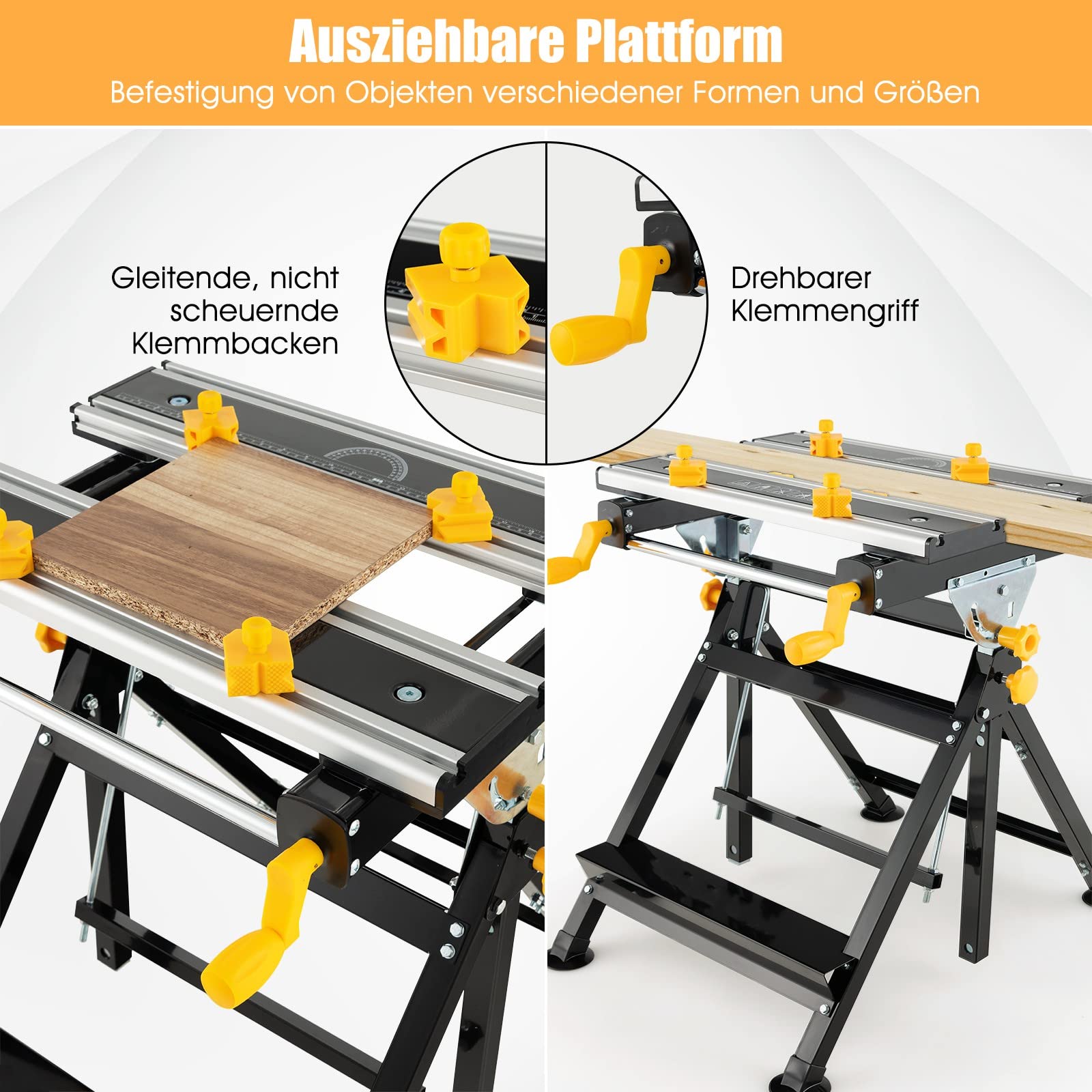 GYMAX Spann- und Arbeitstisch klappbar, tragbarer Untergestell 7-stufig höhenverstellbar, Arbeitsplatz mit ausziehbarer Tischplatte, Werkbank zum Reparieren & Schweißen, inkl. 8 verschiebbaren Klemmen