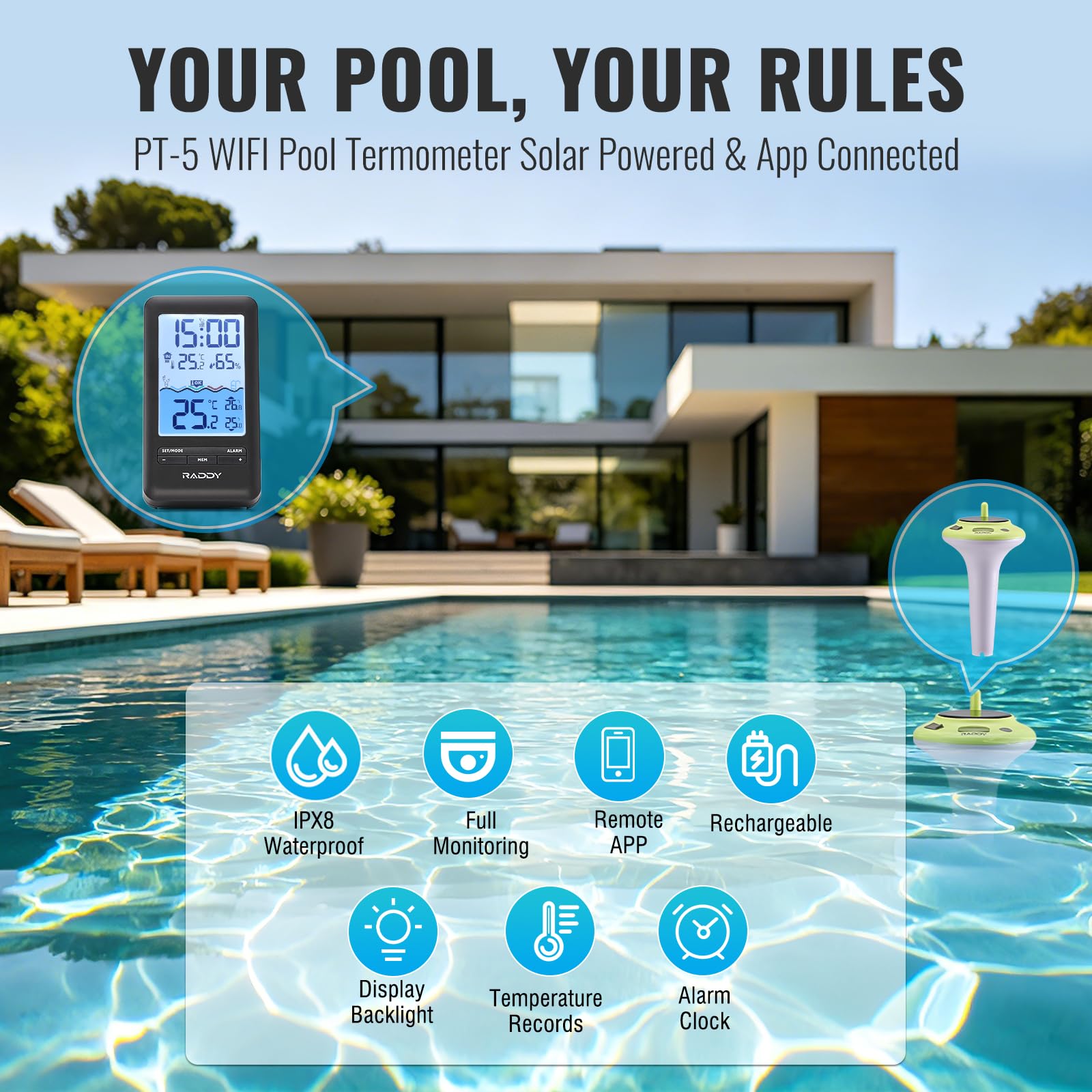 Raddy PT-5 WiFi con App Termometro Piscina, Sensore Temperatura Galleggiante Senza Fili e Display Interno, Termometro Digitale IPX8, Ricarica Solare e USB-C per Idromassaggio, Spa, Vasca, Acquario