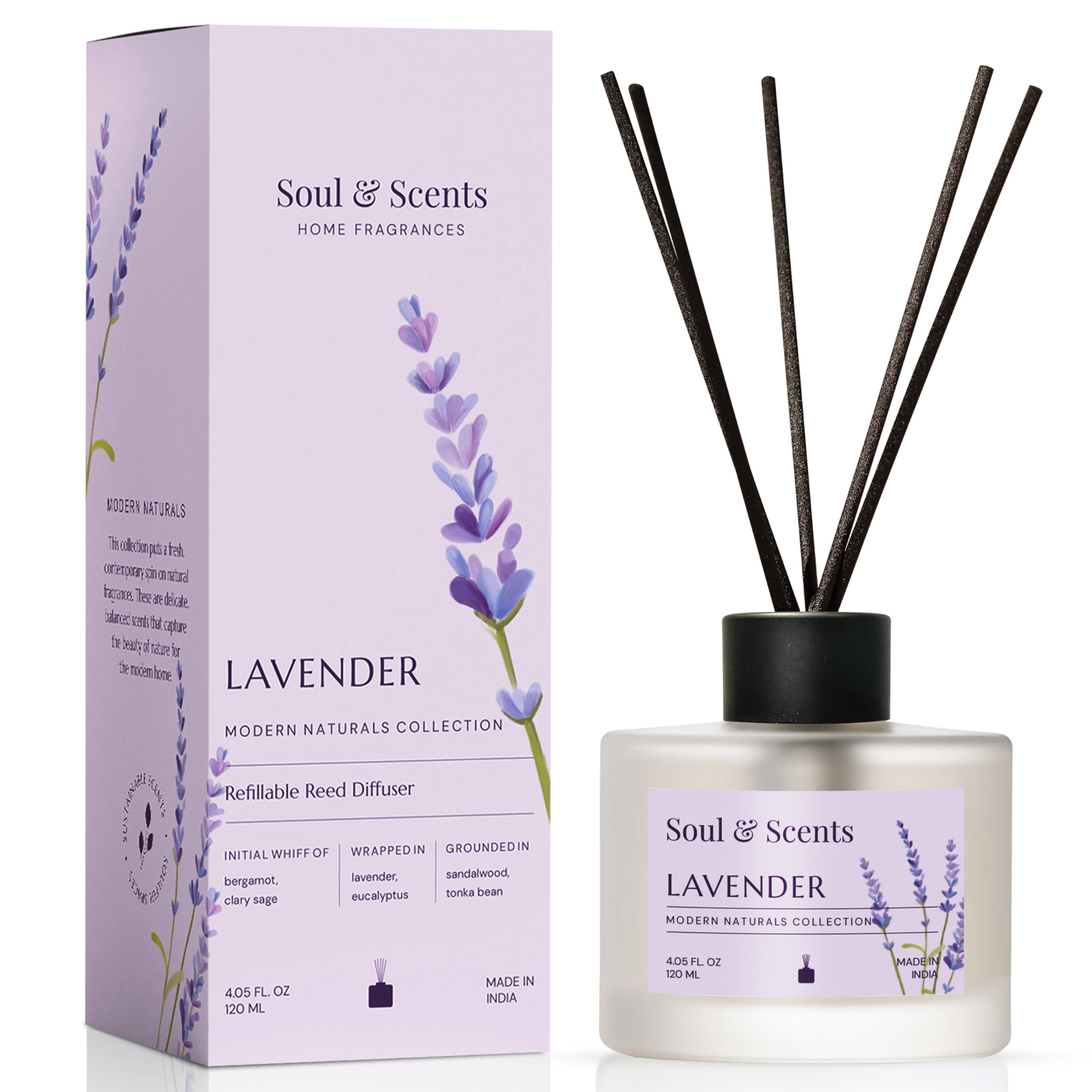 Soul & Scents Glass 120ml Lavender Reed Diffuser Set | Free 6 Fiber Reed Sticks | Stress Relief & Aromatherapy | Long-Lasting, Smoke-Free Air Freshener for Home, Bedroom & Office | Ideal for Gifting