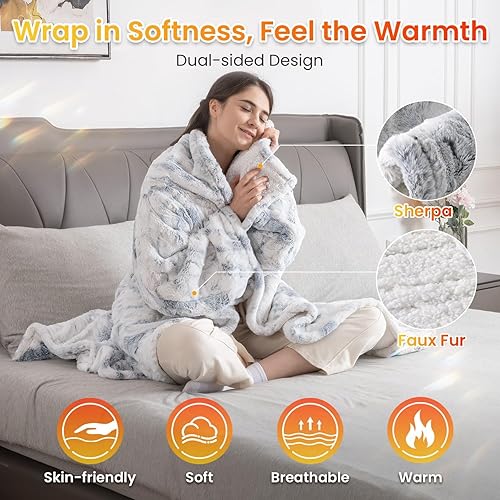 Miniatura 3 de WOOMER Manta eléctrica de calefacción portátil de 50 x 70 pulgadas, suave piel sintética y acogedora manta térmica eléctrica Sherpa con bolsillos