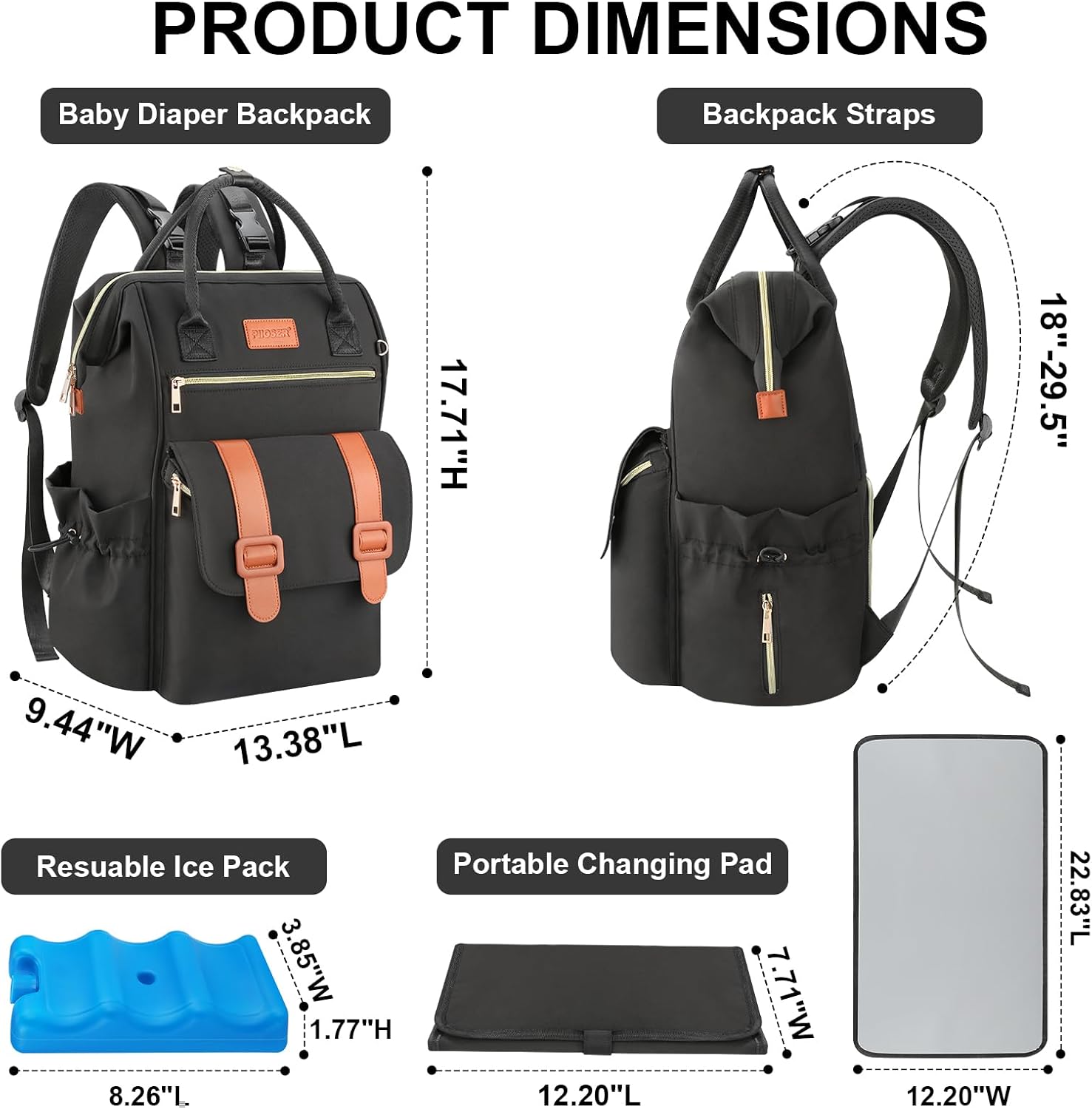 PIIOSER Diaper Bag Backpack with Ice Pack, Large Capacity & Waterproof Baby Travel Backpack Bag for Moms Dads, Insulated Baby Cooler Bag with Changing Pad, Stroller Straps & Pacifier Case, Black