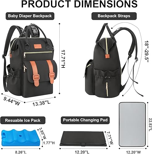 Miniatura 4 de PIIOSER Mochila para pañales con bolsa de hielo, Negro -, Grande, Bolsa de pañales MochilaBolsa de Bump Enfriador de leche maternaBolsa de pañales