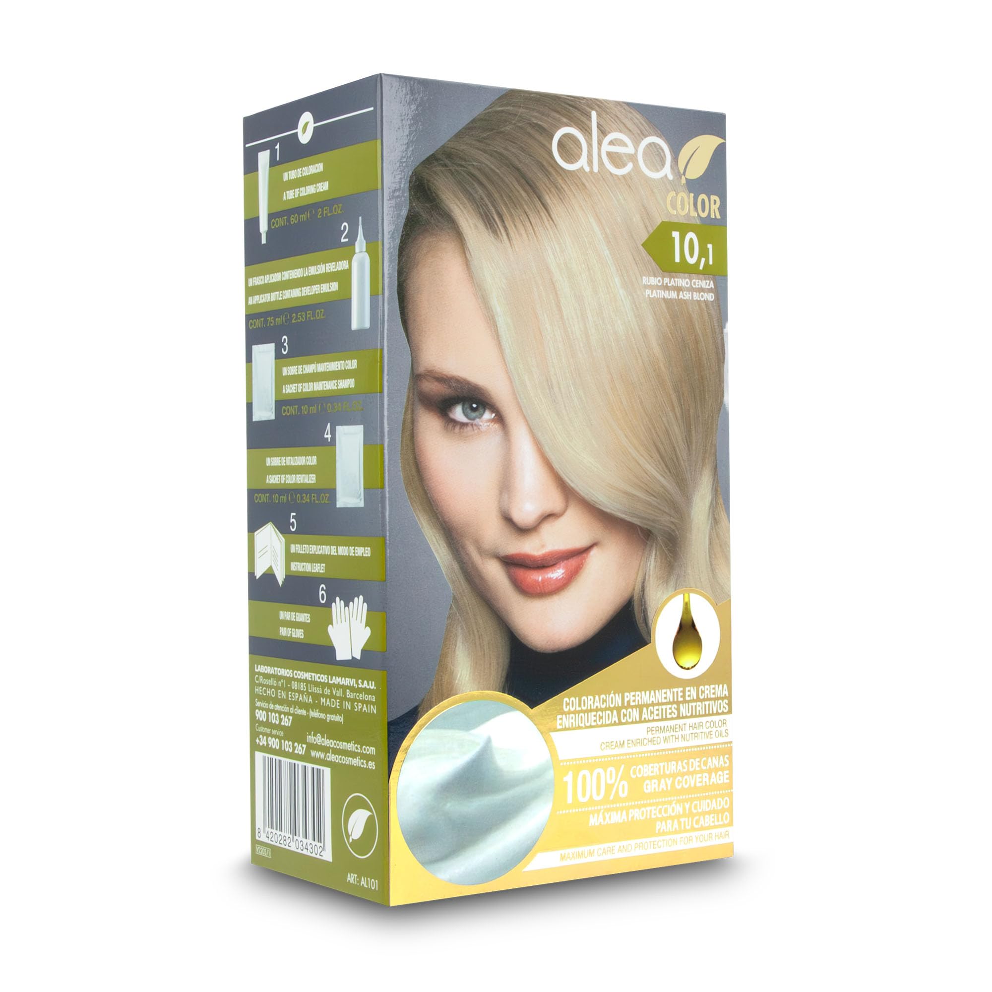 ALEA - Tinte Pelo Mujer - Alea Color - Nº 10.1 K - Color Rubio Platino Ceniza - Coloración Permanente en Crema - con Aceite de Argán y Macadamia - Cobertura de Canas - Máxima Protección y Cuidado