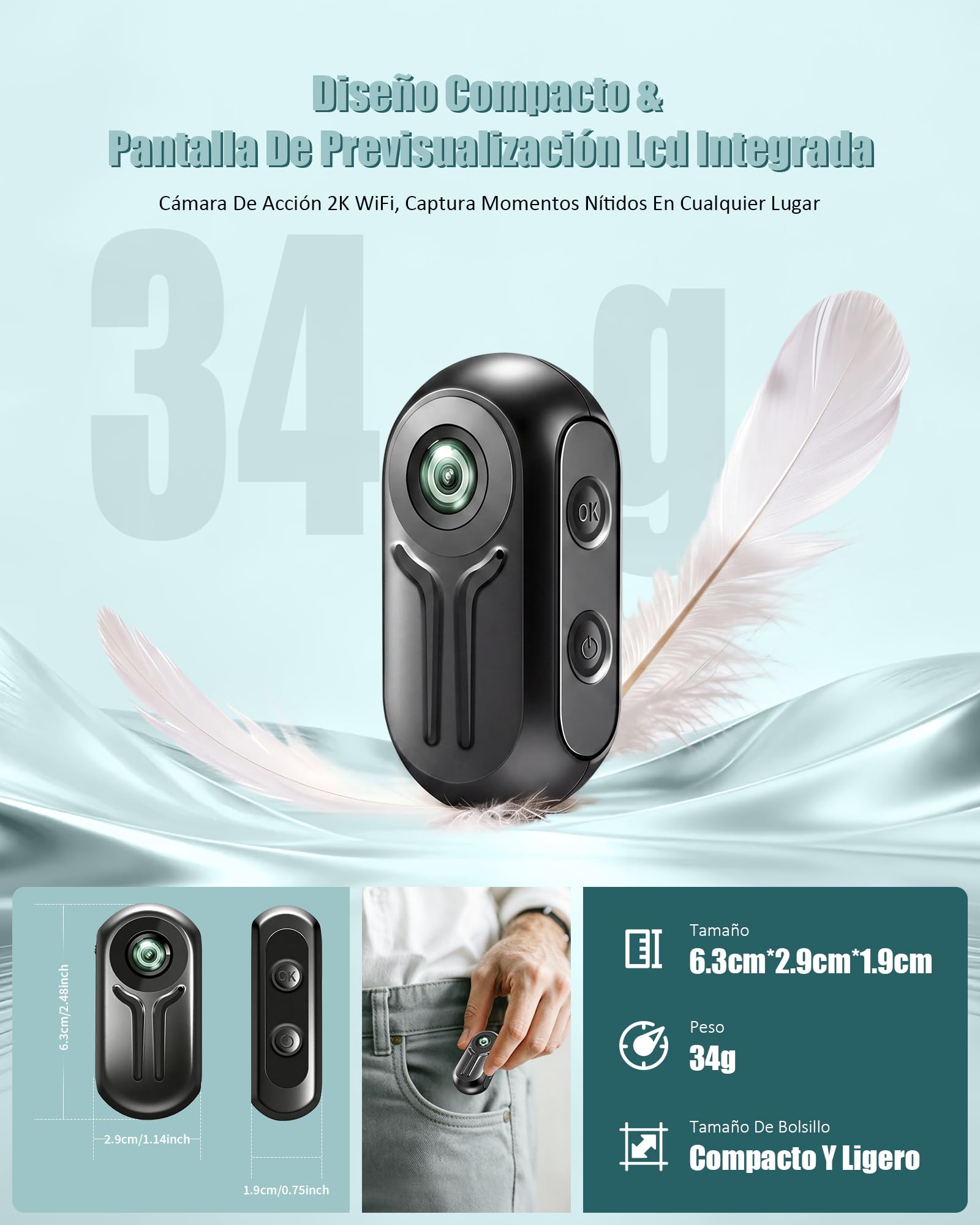 Cámara deportiva 2K Full HD, cámara de acción Vlog WiFi Mini, cámara de casco de moto gran angular de 120°, cámaras integradas para deportes al aire libre, cámara Vlog, Dashcam Moto, tarjeta