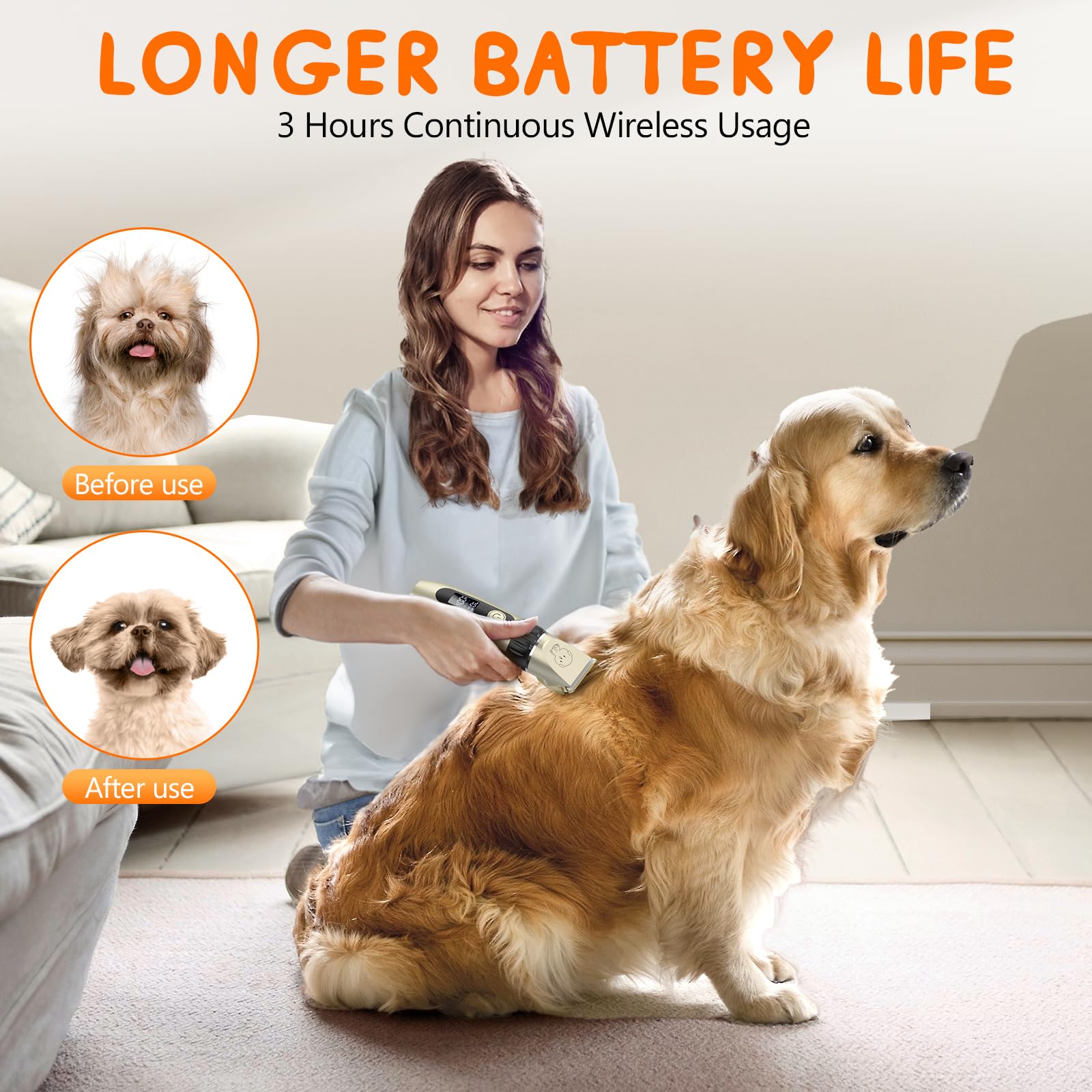 YAZEKY Premium Maquina Cortar Pelo Perros,Bajo Nivel de Ruido Cortapelos Profesional para Perros,Cortapelos para Mascotas Impermeable Todo el Cuerpo Lavable Inalámbrico Recargable (Oro)