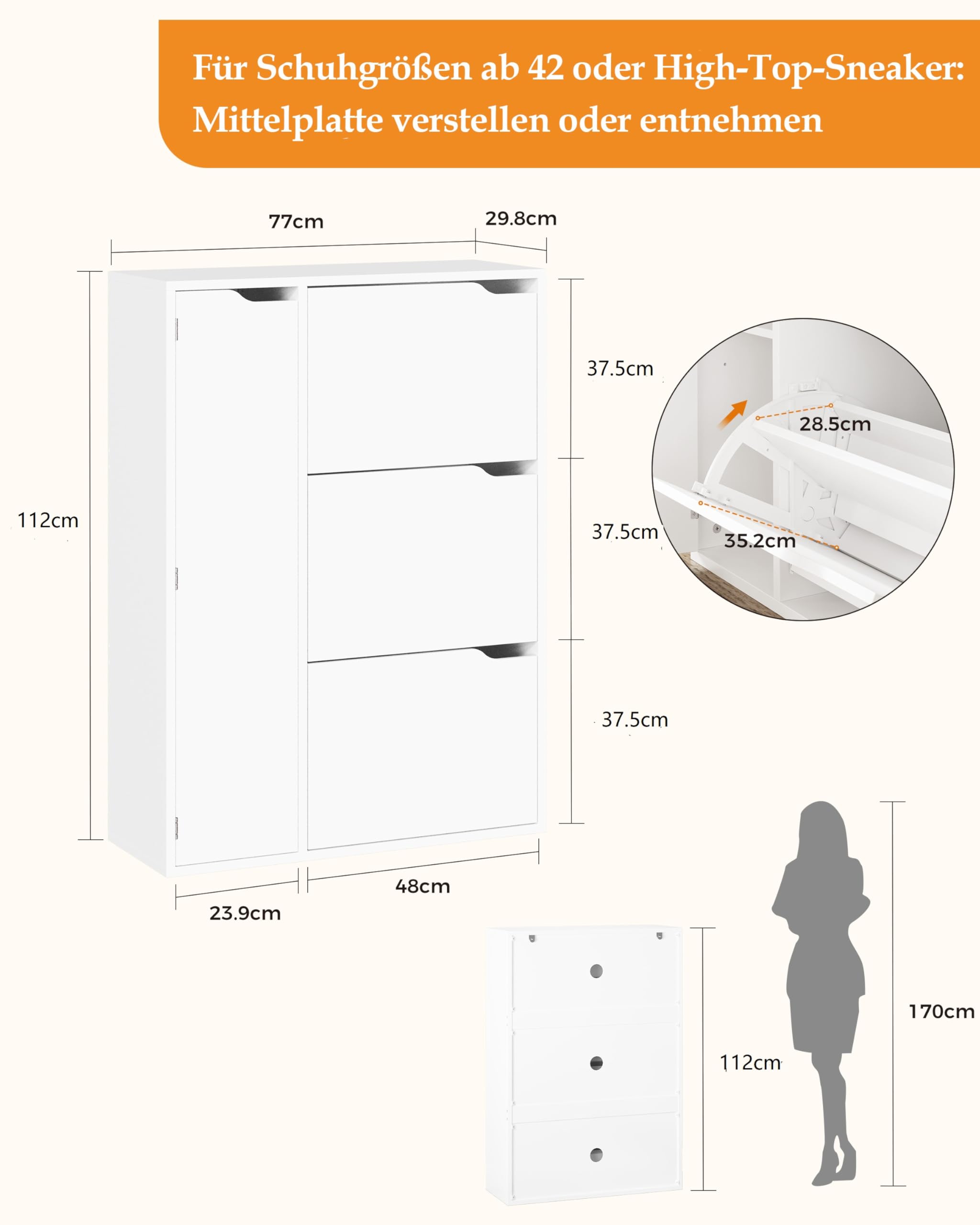 IRONCK Schuhschrank mit 3 Klappen, Schuhkipper Schmal mit Tür, Schuhregal Flur freistehend, Schuhkommode mit verstellbaren Trennwände, Schuhablage Schrank für Eingang Wohnzimmer, 77x30x112cm, Weiß