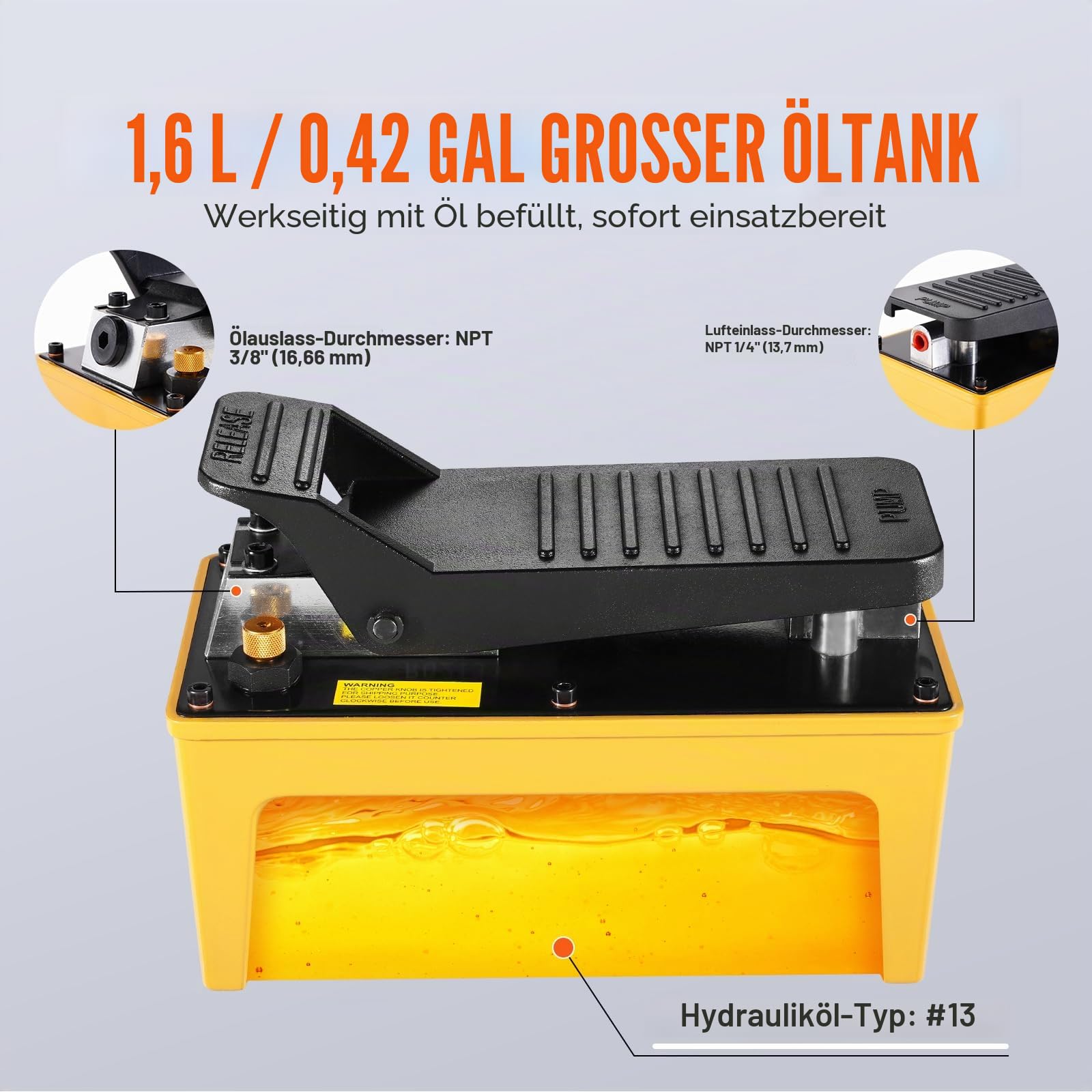 VEVOR 10.000 PSI Lufthydraulikpumpe, 1,6 L Öltank, NPT 3/8 Zoll Ölauslass, NPT 1/4 Zoll Einlass, Aluminiumgehäuse
