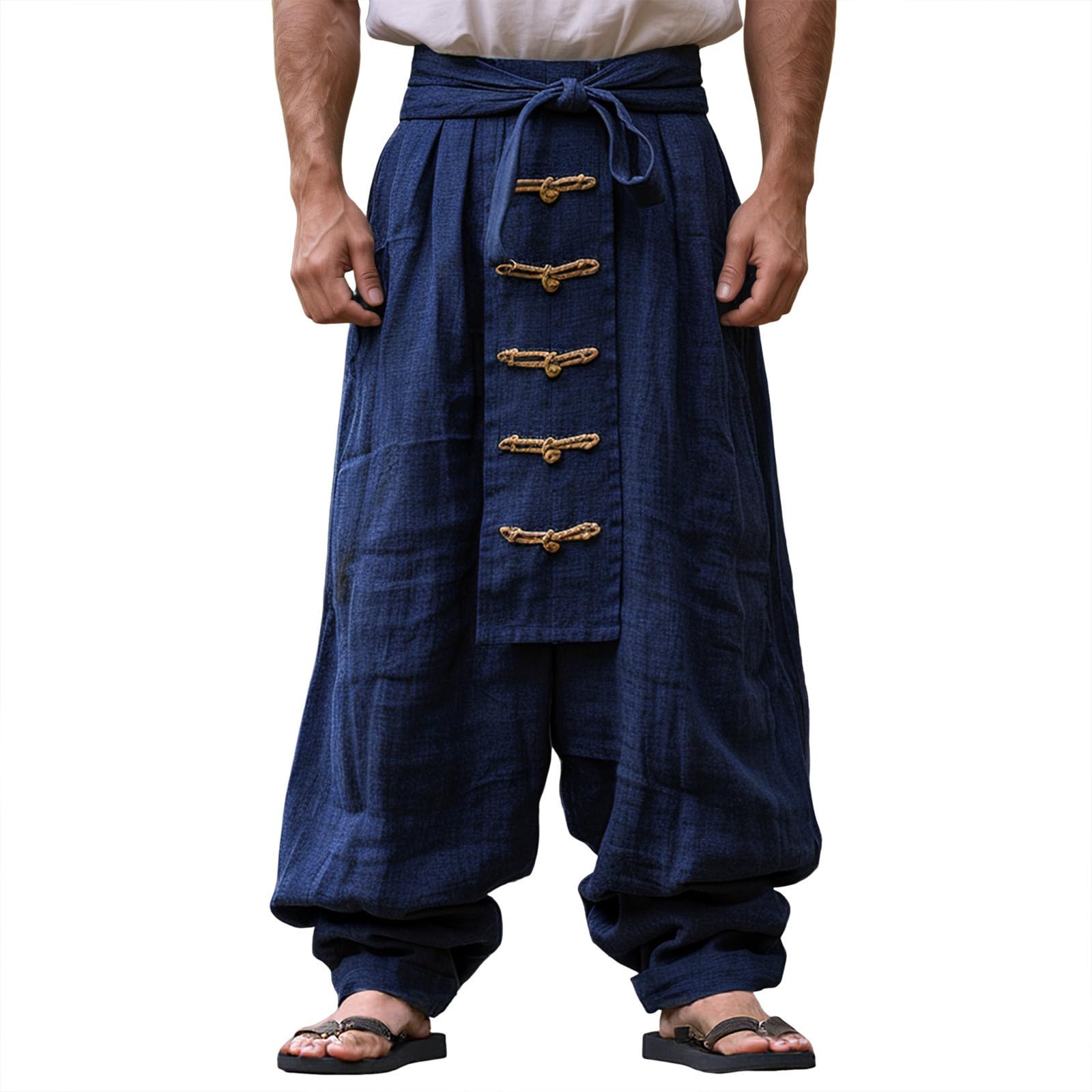Pantalones medievales samurái góticos de algodón con cordón para hombre 8