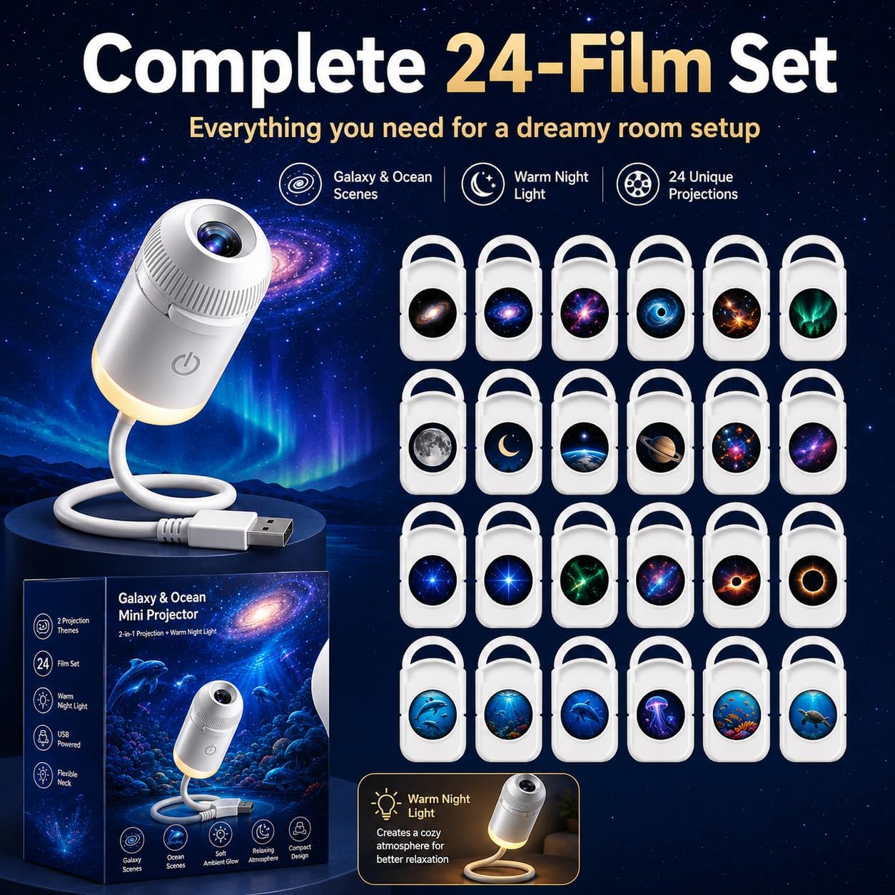 Plug and Play HD Star Projector, Ocean Projector with 24 Galaxy and Aurora Films, 5D Holographic Night Light, 360° Adjustable for Bedroom Ceiling image 4