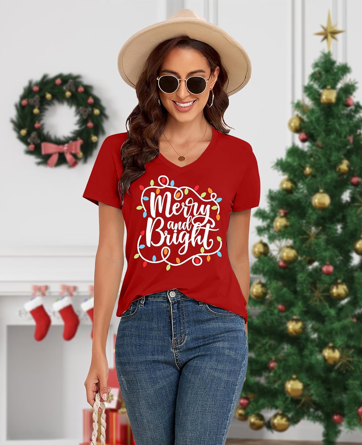 Christmas Shirts for Women: Merry Christmas V Neck T Shirt Xmas Tree Graphic Tees Christmas Vacation Short Sleeve Tops - Image 3