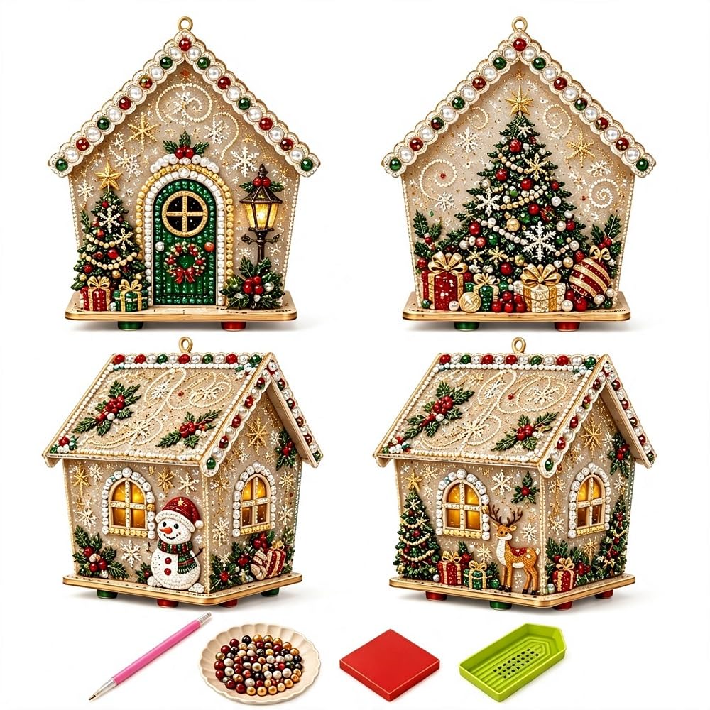 DIY Pearl Art Christmas Wooden House Kit, Xmas Beaded Xmas Cottage Decor