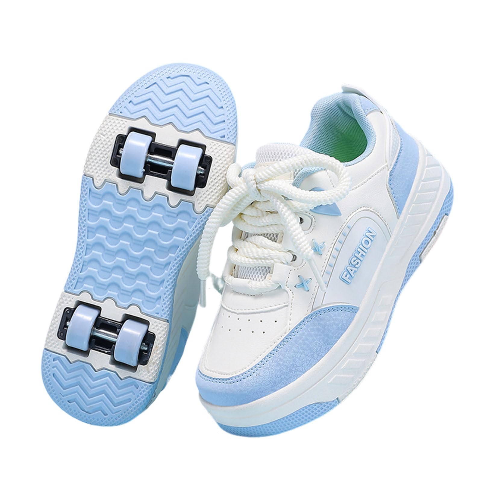 Surwin Kids Roller Skate Shoes for Girl Boy, Four Wheels Trainer Roller Skates Adult Teenager Unisex with Retractable Rear Wheels, Lightweight Outdoor Running Sneakers (Blue,3.5)