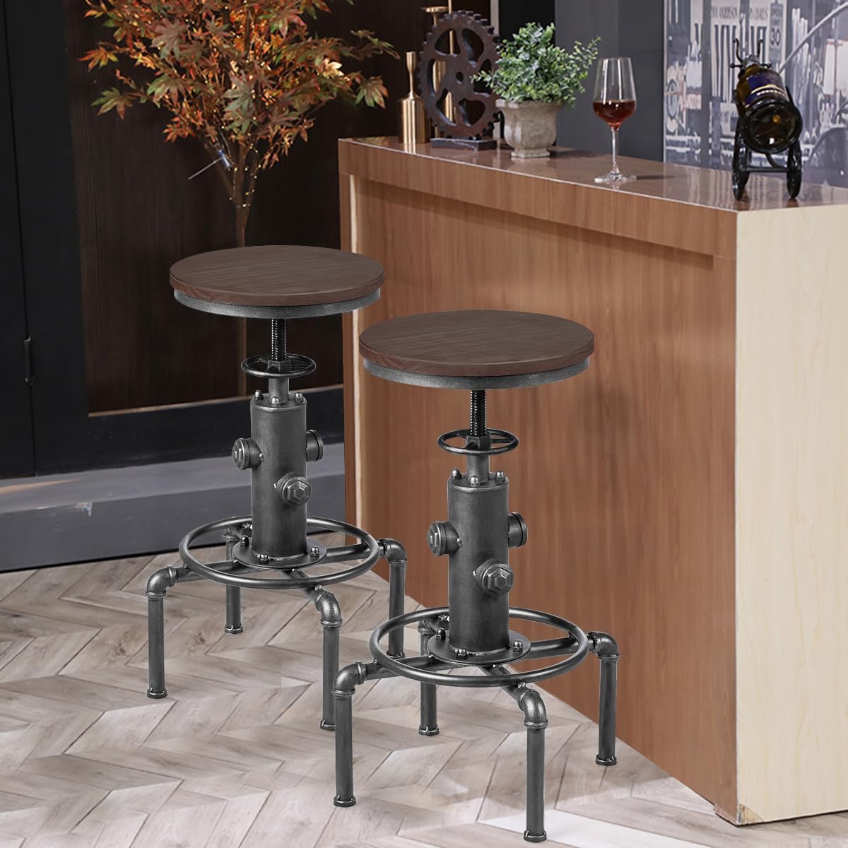 COSTWAY Barhocker höhenverstellbar, 59,5-75 cm, Barstuhl aus Holz und Metall, Tresenhocker mit Fußstütze, Kiefer Platte, Vintage Bistrohocker, Industrie-Hocker Küchenhocker für Restaurants, Cafés