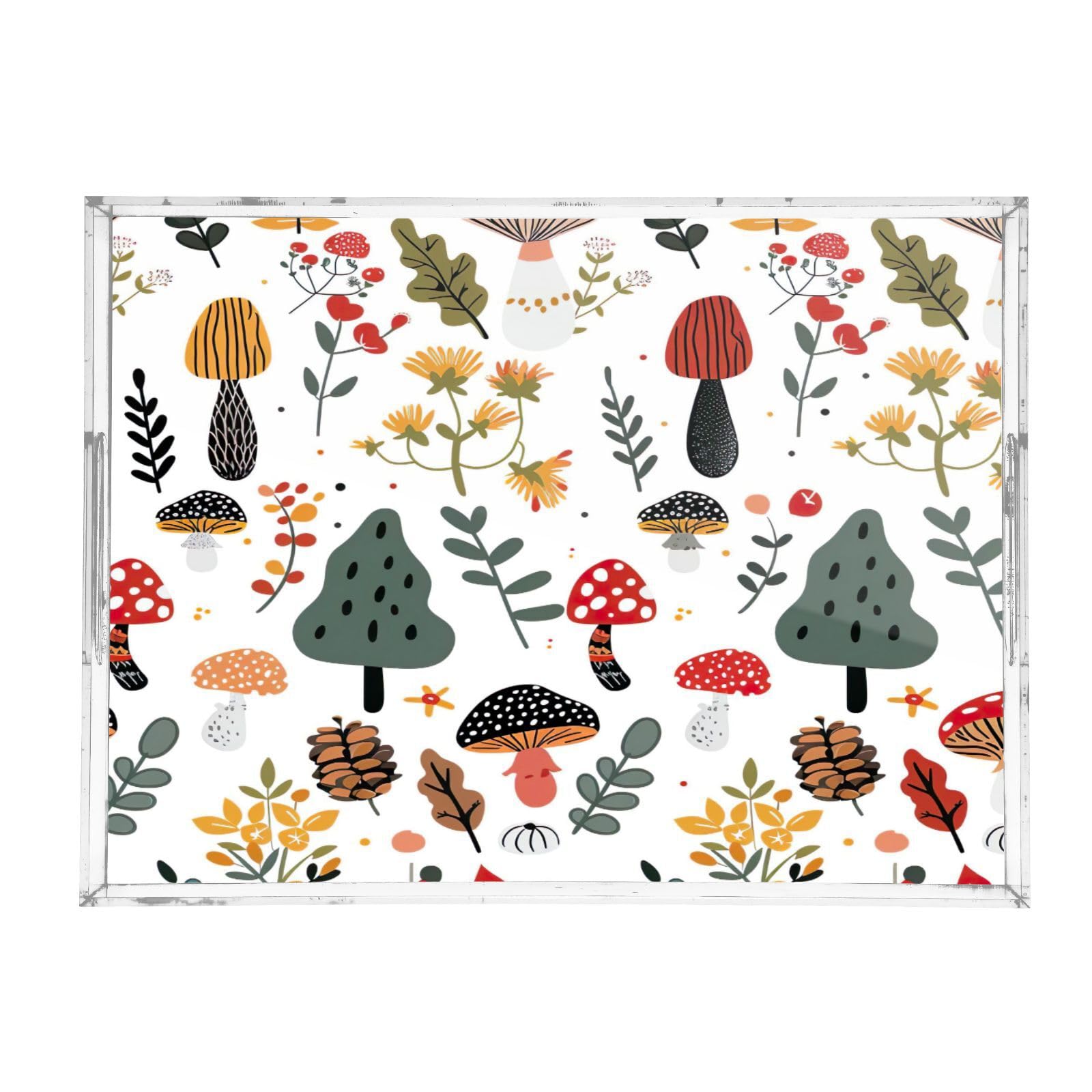 BOESI Doodle Mushroom and Flower Pattern Acrylic Decorative Dining Tray, Acrylic Decorative Tray Organizer with Handle for Kitchen, Dining Room, Bathroom, Dresser