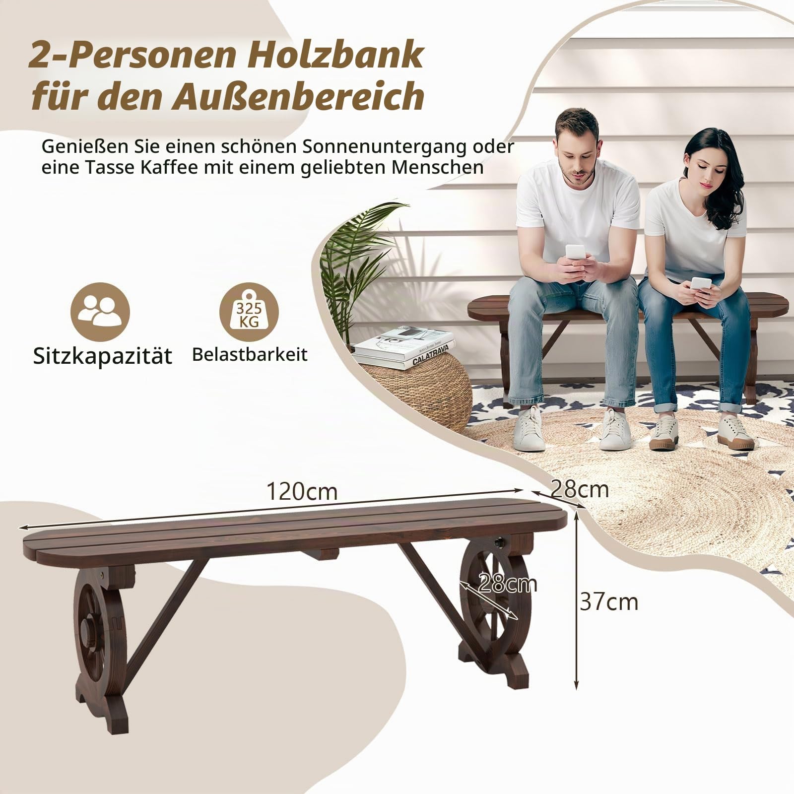 GIANTEX Gartenbank aus Massivholz mit Wagenrädern