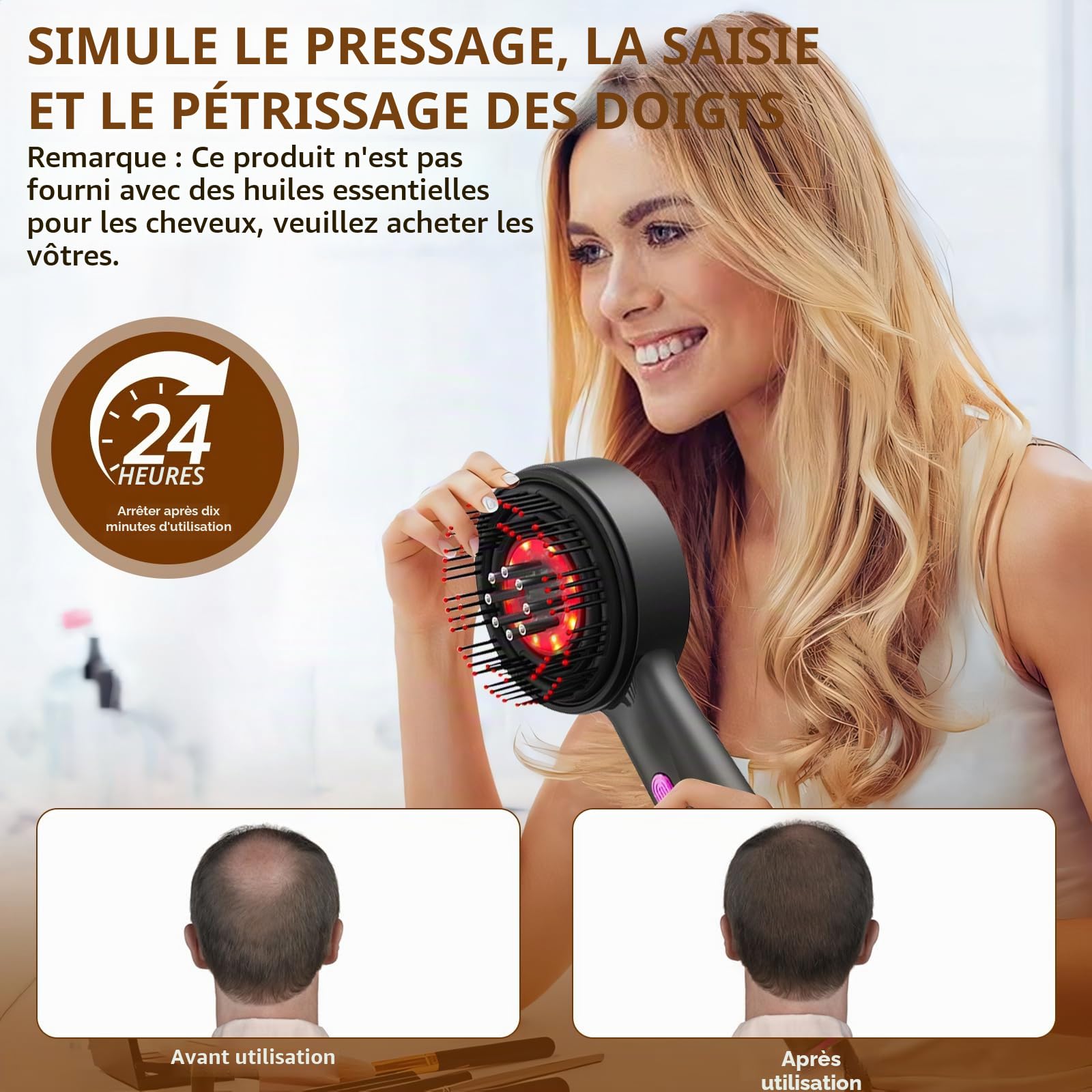 Brosse Massage Cuir Chevelu, Masseur de Tête Électrique, Scalp Massager Applicateur Huile Cheveux avec Lumière Rouge, 3 Modes de Massage, Étanchéité IPX7, pour Détente du Cuir Chevelu (Gris)