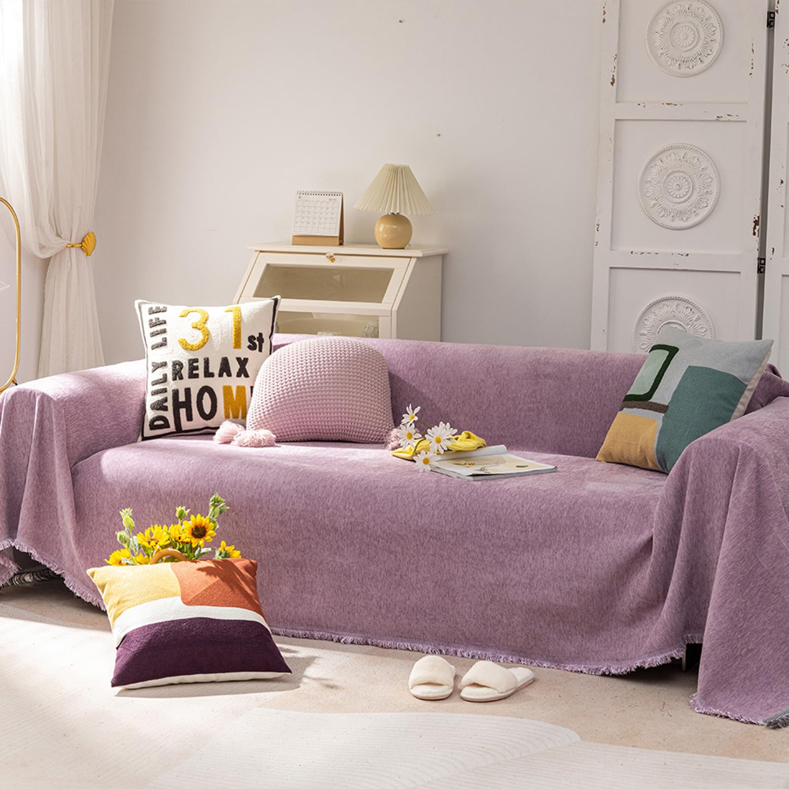 Throws for Sofas Large Throws for Settees Simple Throw Blanket For Sofas Small/ Large 1/2/3/4 Seater Chenille Sofa Cover With Tassels Multifunctional Sofa Protective Cover For L U-Shaped Sofa/Armless