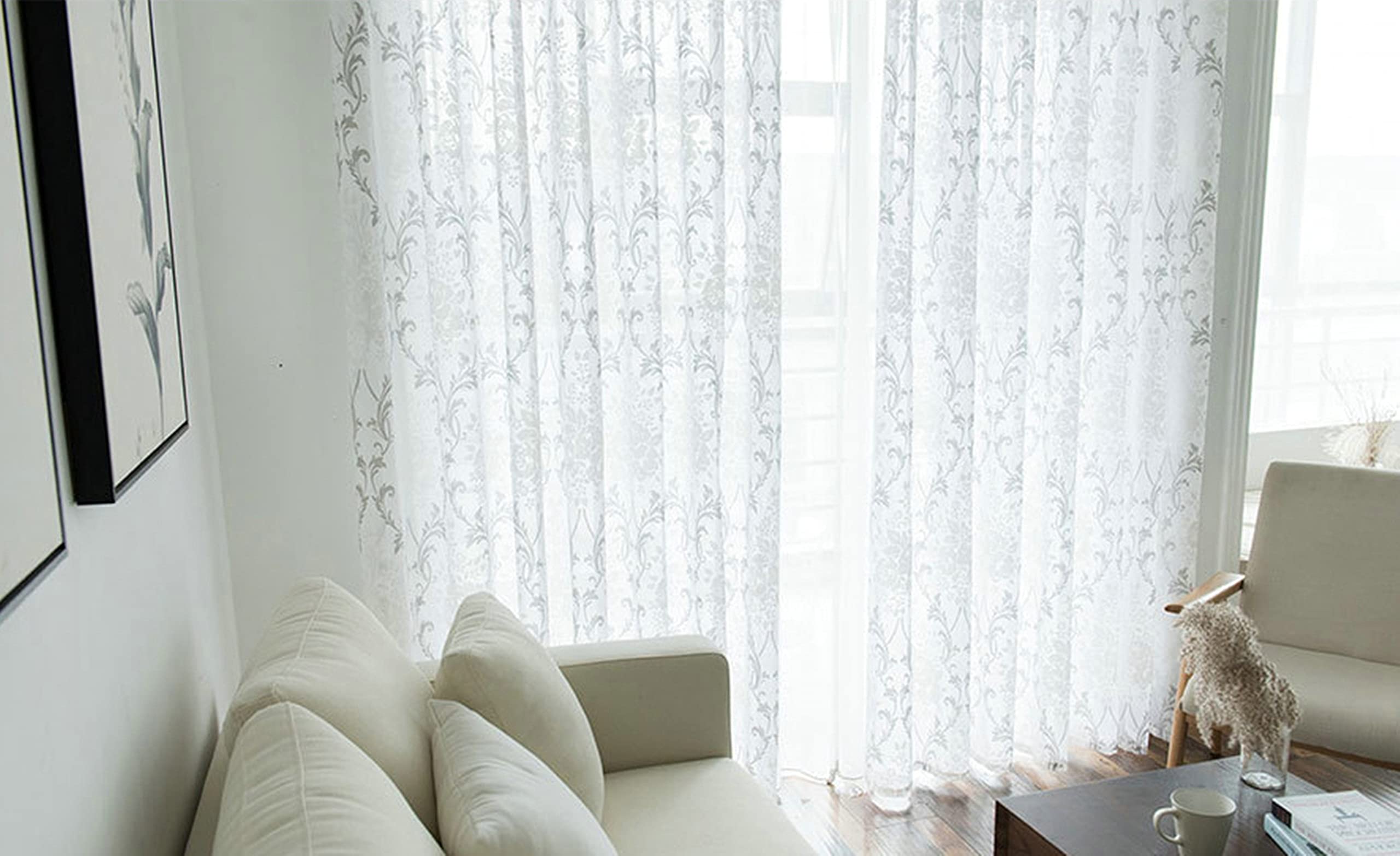 KnSam Tende grigie, 132 x 107 cm, con fiori ricamati, semitrasparenti, per finestra con occhielli, leggere, morbide, in poliestere, per camera da letto, set da 2 pezzi