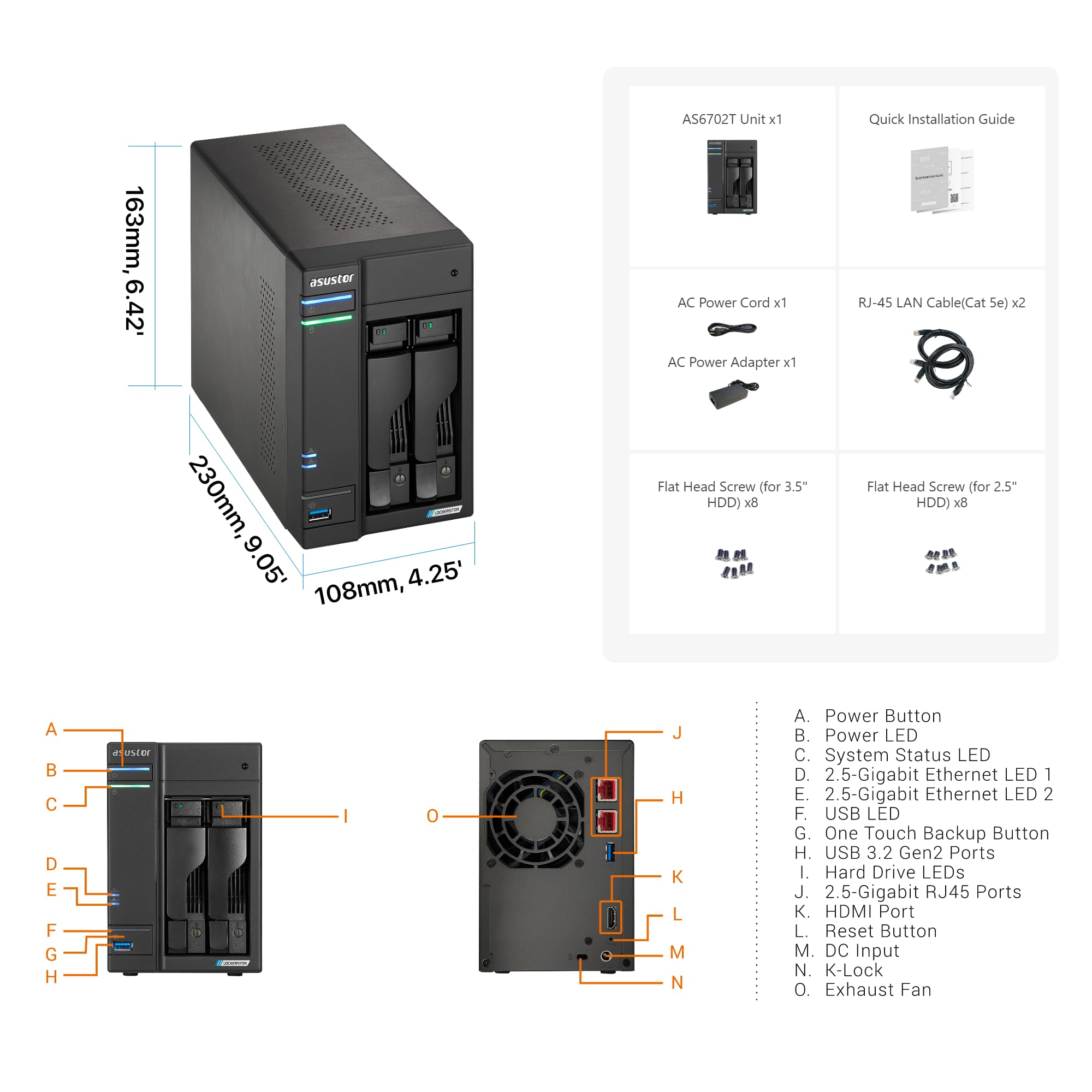 Asustor Lockerstor 2 Gen 2 AS6702T | 2 Bay NAS - Netzwerkspeicher Gehäuse, Quad Core 2.0GHz CPU, 4 M.2 PCIe 3.0 ssd Slot, 2 2.5GbE Port, 4GB RAM DDR4