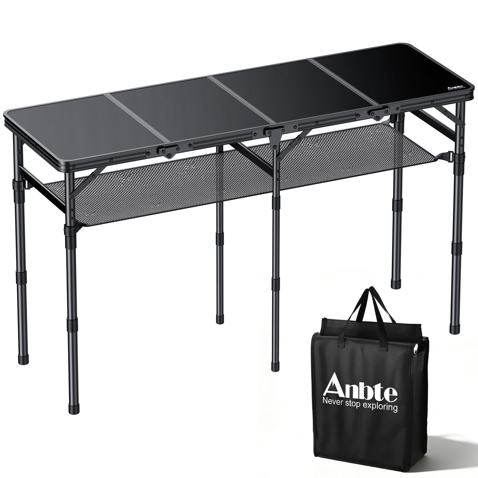 Anbte Mesa Plegable Camping 116 x 40 x 26/48/70cm Ajustable Altura Negro | con Red de Almacenamiento Mesas de Acampad Portátil Mesa Playa Aluminio Impermeable Negro para Terraza Playa Exterior BBQ
