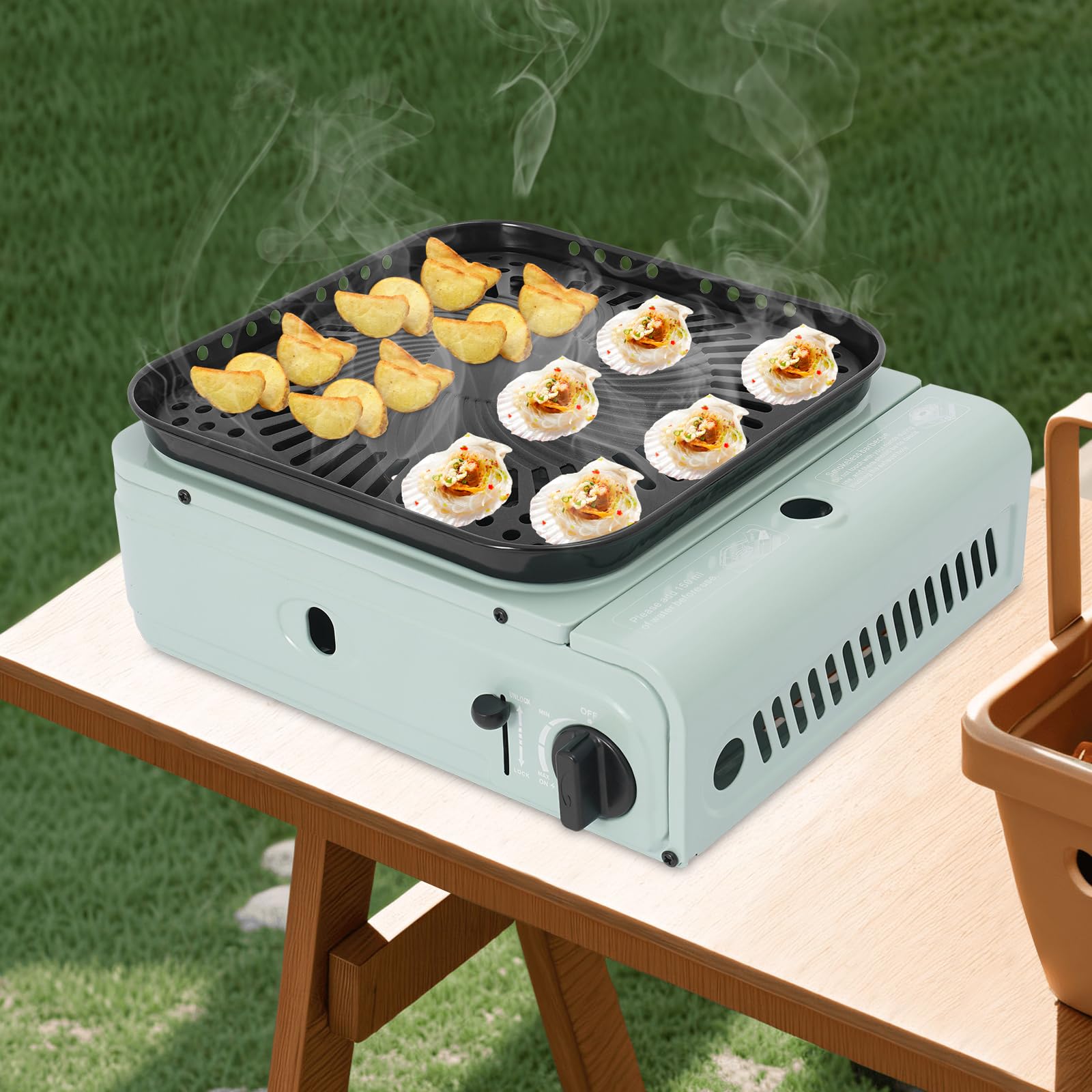 Camping Gasgrill Kompakter Gaskocher Campingkocher Tragbarer Gasgrill Camping Gasherd mit Grillplatte Gasherd Set für Outdoor, Picknick, Balkon, Garten, 30.5x27.3x12cm (Grün)