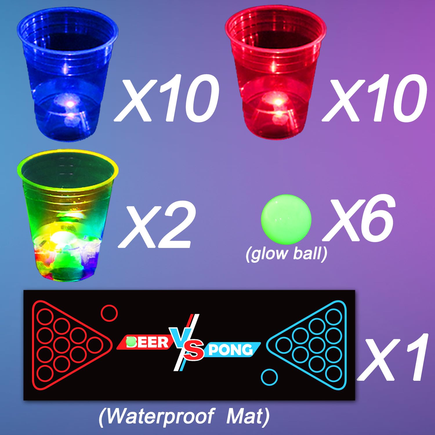 Tapete de mesa de pong de cerveza brillante para juego de beber, juego de vasos y ponches de plástico con luz para juegos de fiesta, juego de pong para interiores y exteriores, suministros de 6