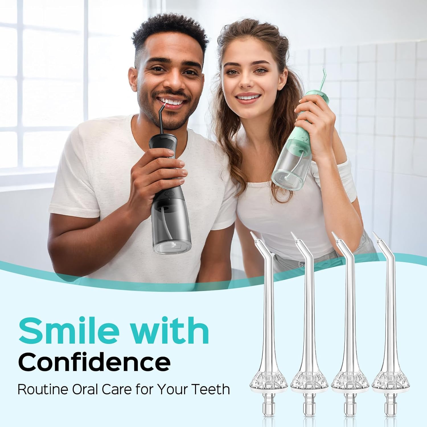 COSLUS Water Dental Flosser Pick for Teeth Green C30(FC5360) & 4-Pcs Periodontal Jet Tip Replacement Heads for ​Deep Clean Gum
