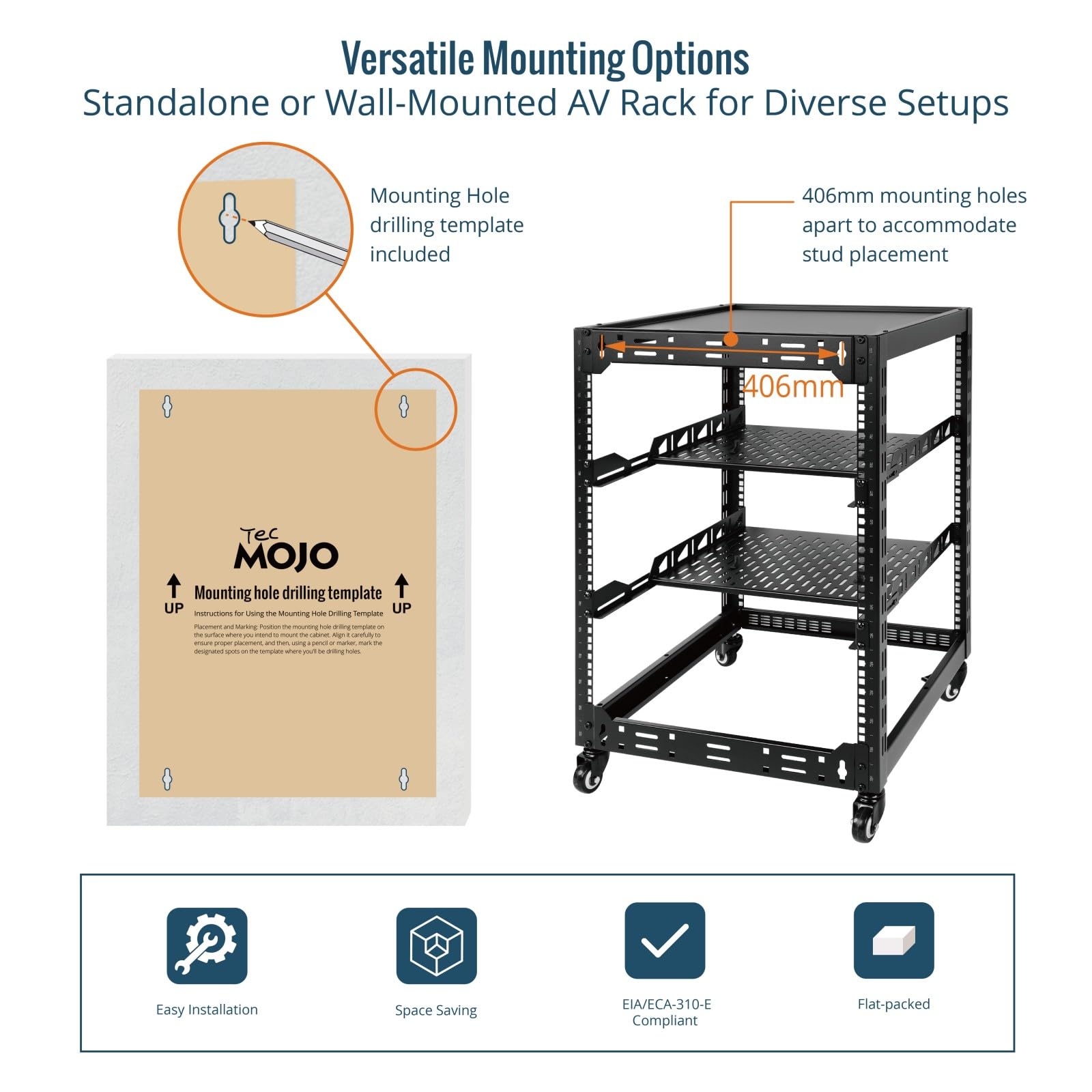 Tecmojo 19 Zoll 16HE Open Frame 19-Zoll-Netzwerk-Rack für Server und AV-Geräte, Stand- und Wandmontage möglich, Netzwerk-Schrank 4-Pfosten mit Rollen, mit 2 x 1HE-Einlegeböden und Montagematerial