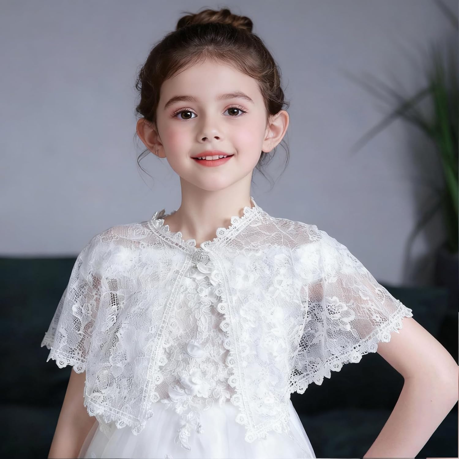 White Lace Cape Floral Bolero Cardigan Shrug Cover Up Jacket for Girls Kids Toddler Child - Image 2