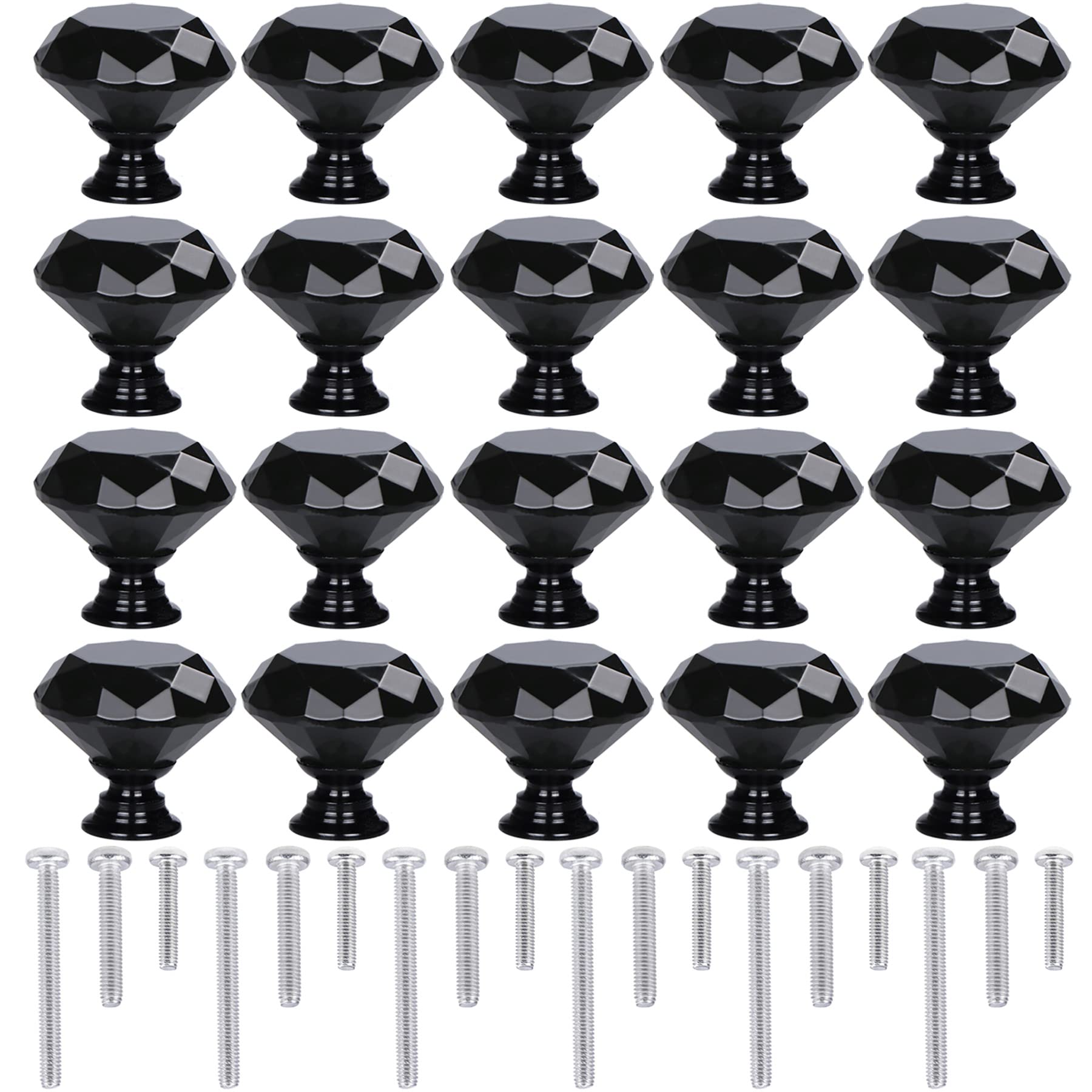STMK 20 Pack Drawer Knobs, Drawer Pulls Black Diamond Shaped Crystal Glass 30mm Cabinet Knobs Pull Handles with Screws for Home Office Cabinet Cupboard Chest Dresser (20 Pack 30 mm, Black)