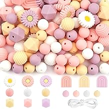 100 Stück Blumenförmige Silikonperlen,Bunt Gänseblümchen Silikonperlen Bulk,Rund & Polygonal Bastelperlen mit Nylonseil für DIY Armbänder Stifte Schlüsselbund Handwerk Herstellung (Rosa)