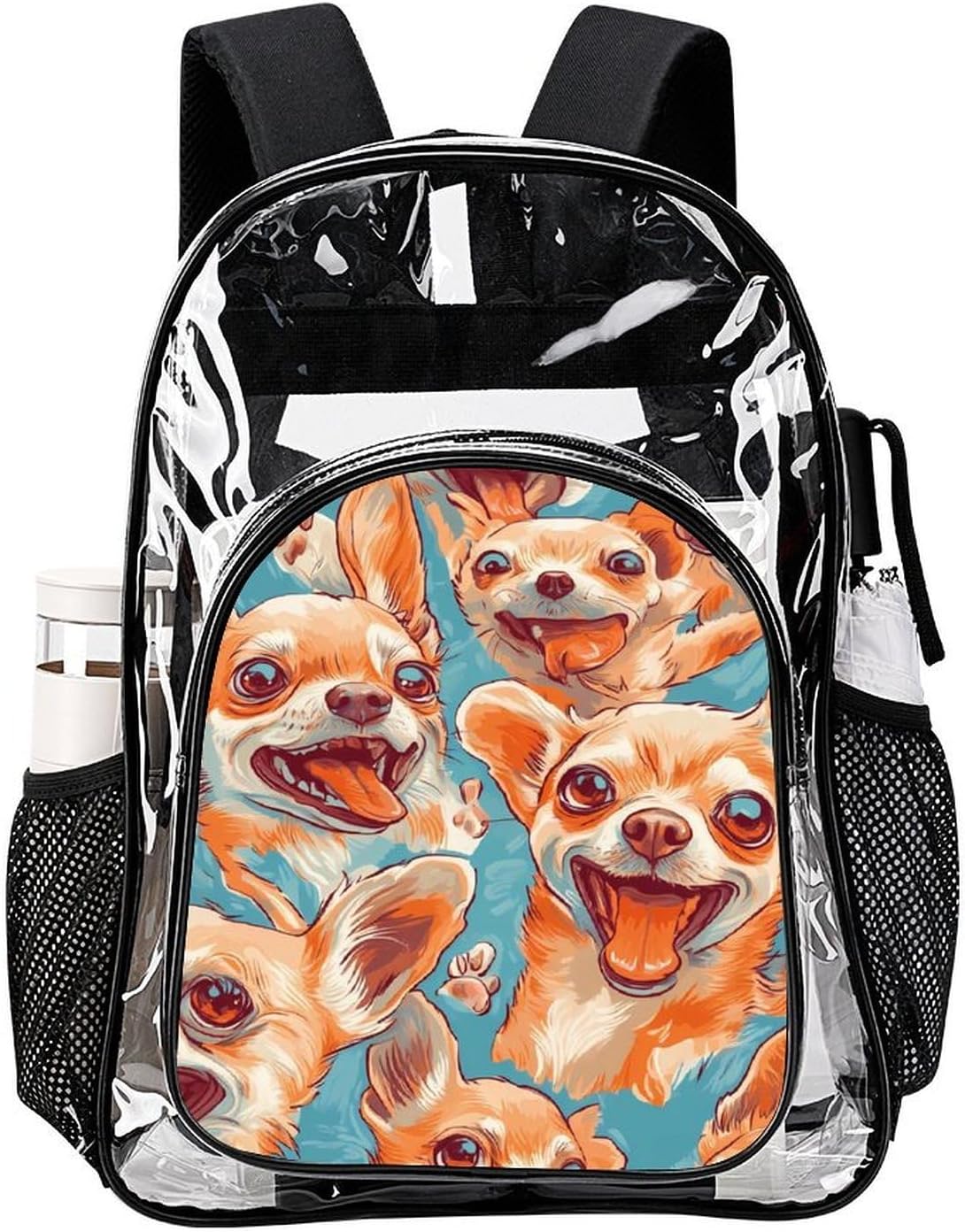 Happy Chihuahua Dogs Clear Backpack Transparent Shoulder Bag | Heavy Duty Back Pack Water-Resistant PVC Plastic