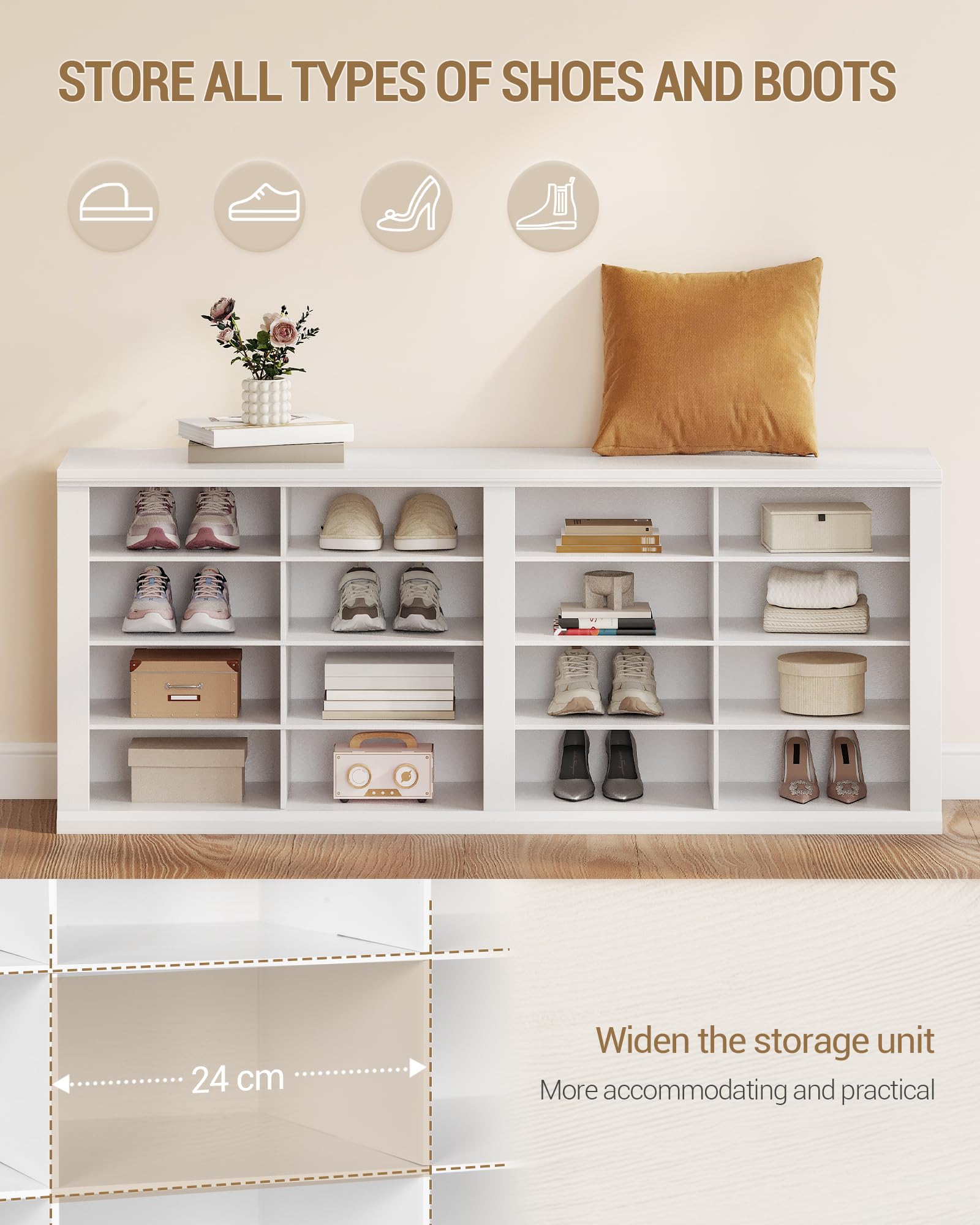 Hzuaneri Schuhbank mit Sitzfläche, 16 Fächer, Weiß