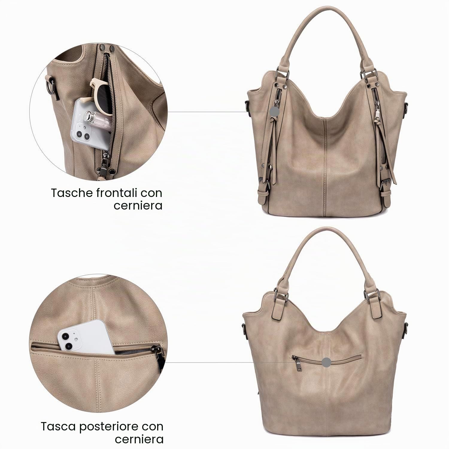 Realer Borsa Donna Set Grande Borse a Mano Ecopelle Borsa a Tracolla Hobo Tote Clutch 2 Pezzi Cachi