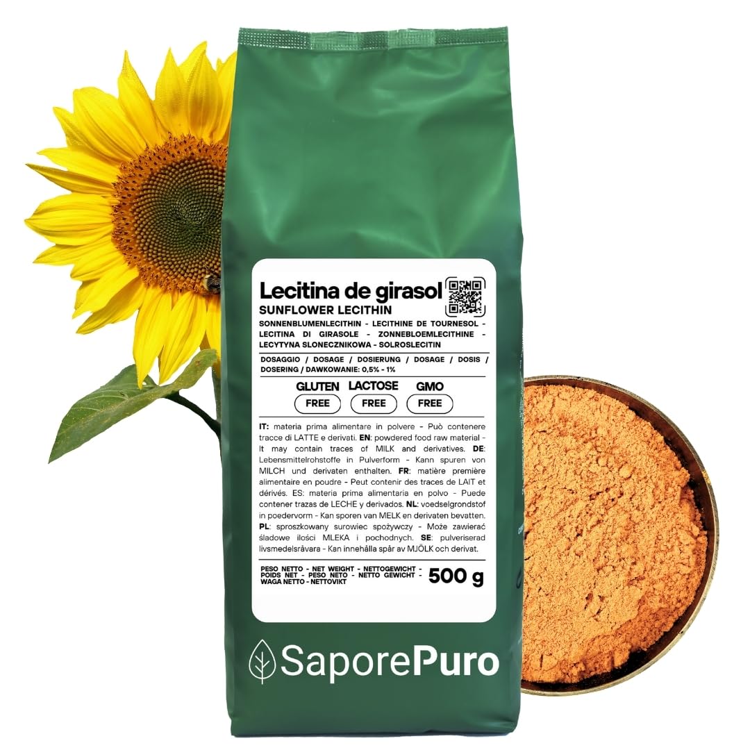 SaporePuro Lecitina de Girasol en Polvo 500 g – Emulsionante Natural Sin Gluten