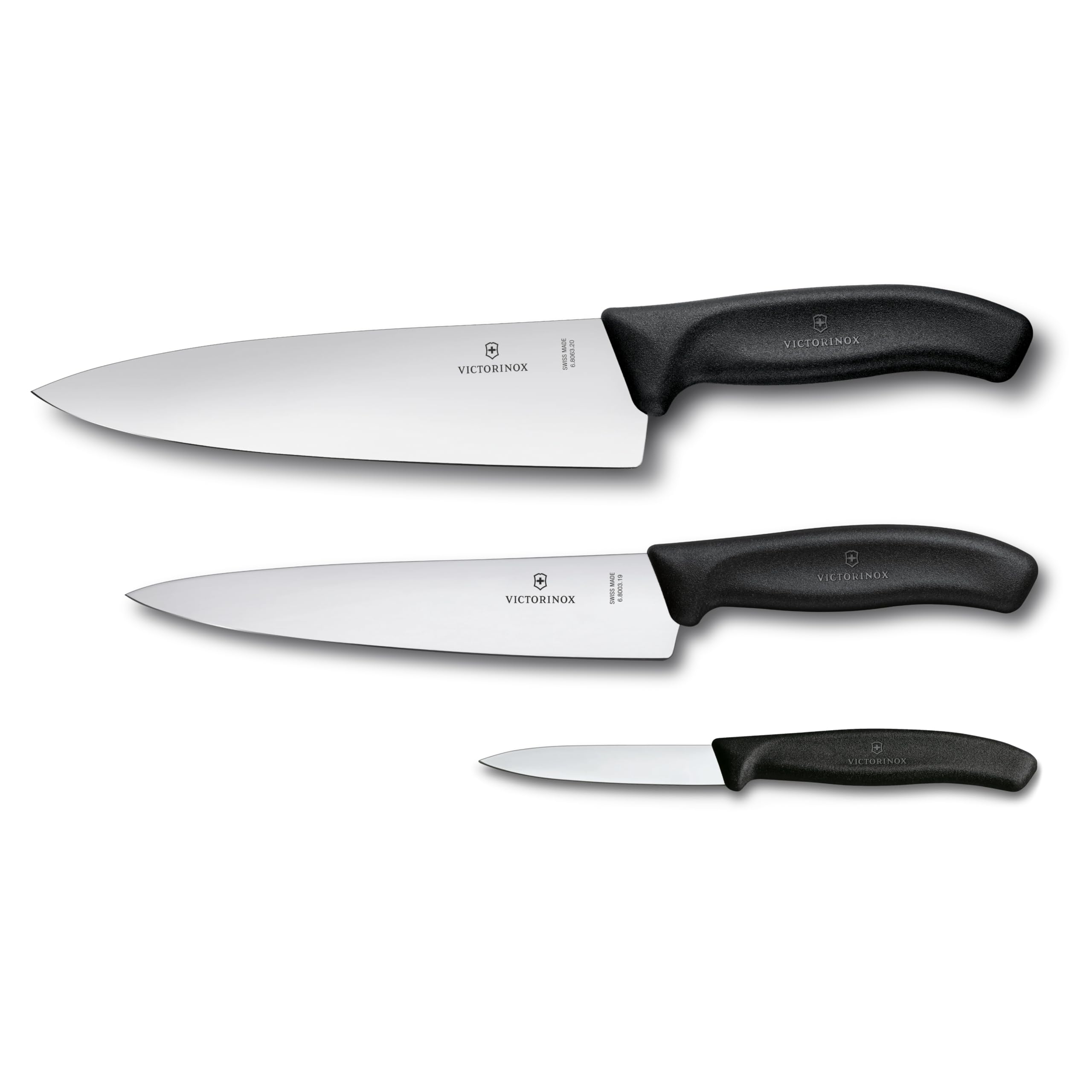 VICTORINOX Knife Set, Dishwasher Safe, 3-Piece Set, 1 Petite Knife and 2 Gyuto Knives, 8/19/20 cm Straight Blade, Black, Ergonomic Lightweight and Easy to Use, Kitchen Set, Swiss Classic, 0.2 oz (6.7133.3 g) Black Set of 3 / Knives 8/19/20cm