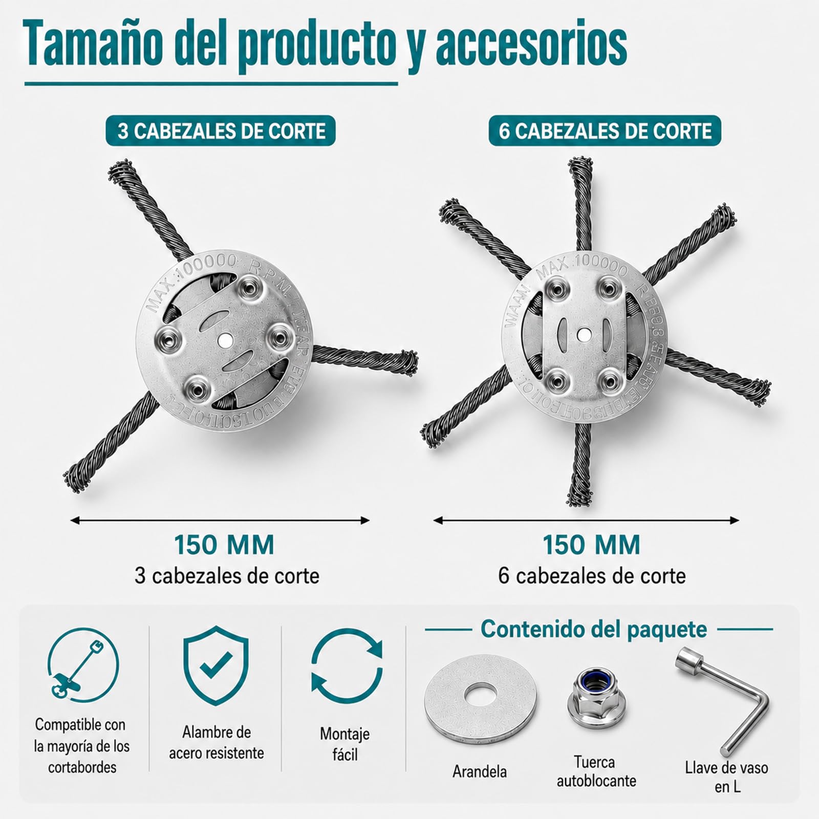 Vultriox para Desbrozadora Cabezal de Alambre de Acero 150 mm, Cepillo Quitahierbas para Desbrozadora y Cortabordes, Césped, Musgo, Maleza, Bordes y Juntas (1, 6 Brazos)