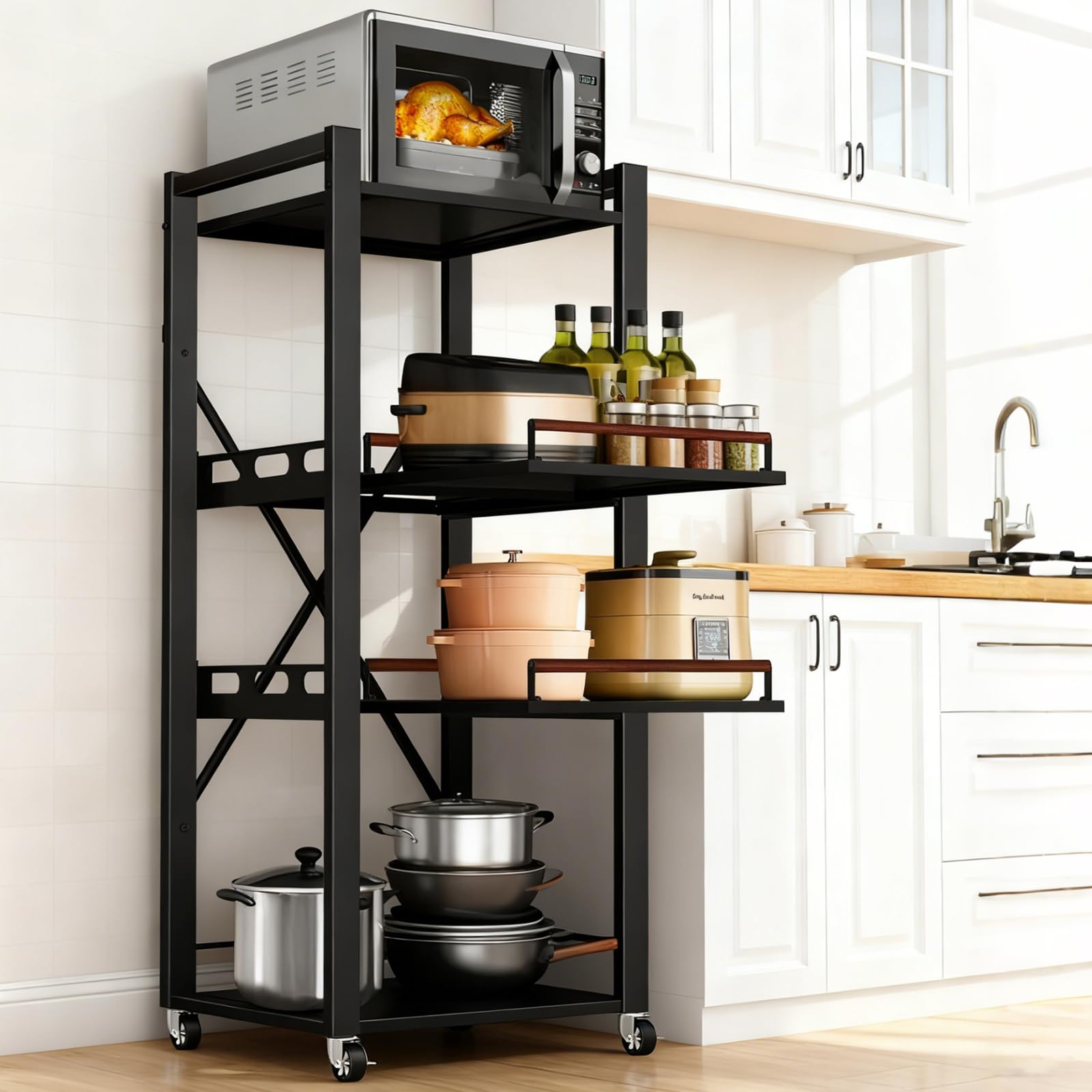 4-Tier Kitchen Baker Rack with 2 Pull-Out Shelves,Heavy-Duty Carbon Steel Microwave Stand Cart with Rolling Wheels and Storage, Adjustable Height with X Side Frames for Kitchen,Cafe Bar