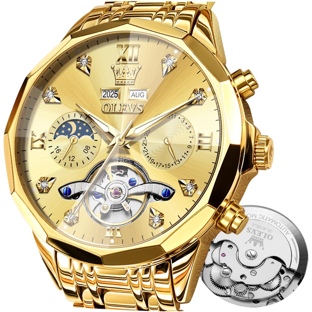 OLEVS Automatic Watch for Men Luxury Diamond Self Winding Multifunctional Men's Calendar Watch Stainless Steel Waterproof Luminous Male Watches