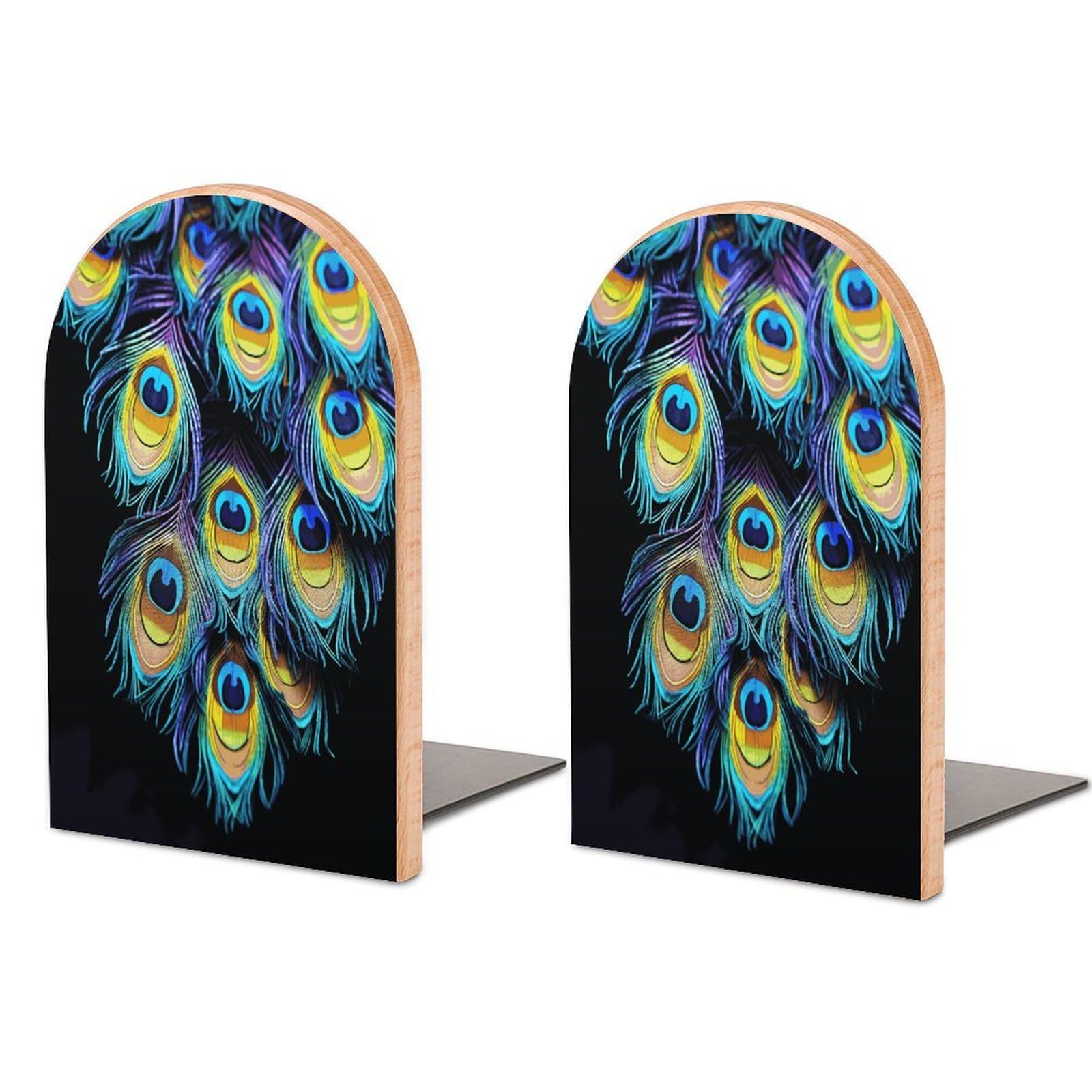 A Bunch of Peacock Feathers Bookends 1 Pair Heavy Duty Book Ends for Shelves Non-Skid Bookend Supports Wooden Book Holders with Metal Base Desk Organizers Books Storage to Hold Books