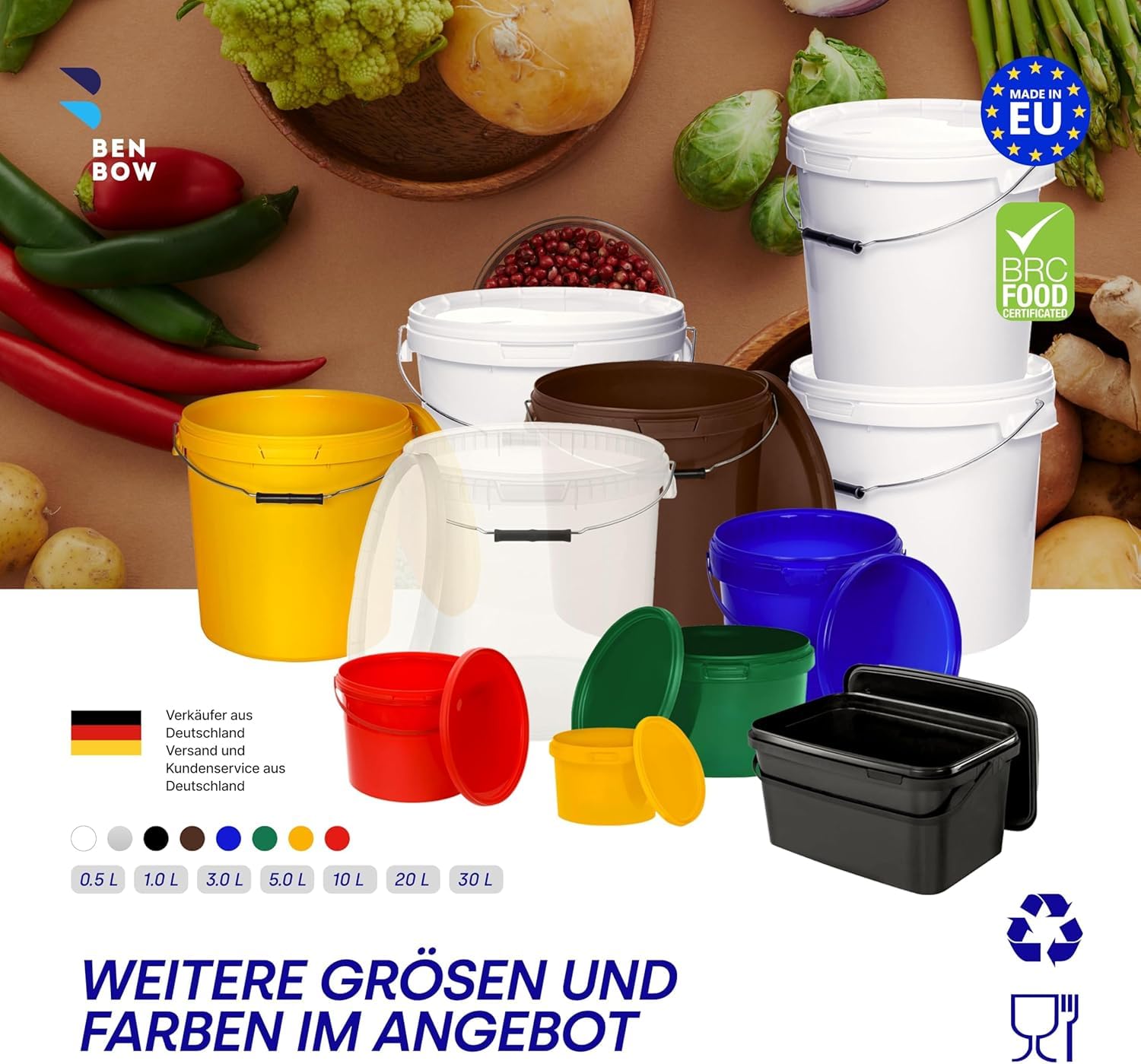 10 Liter Eimer mit Deckel, weiß, stapelbar, mit Lebensmittelfreigabe Set, 20 Stück