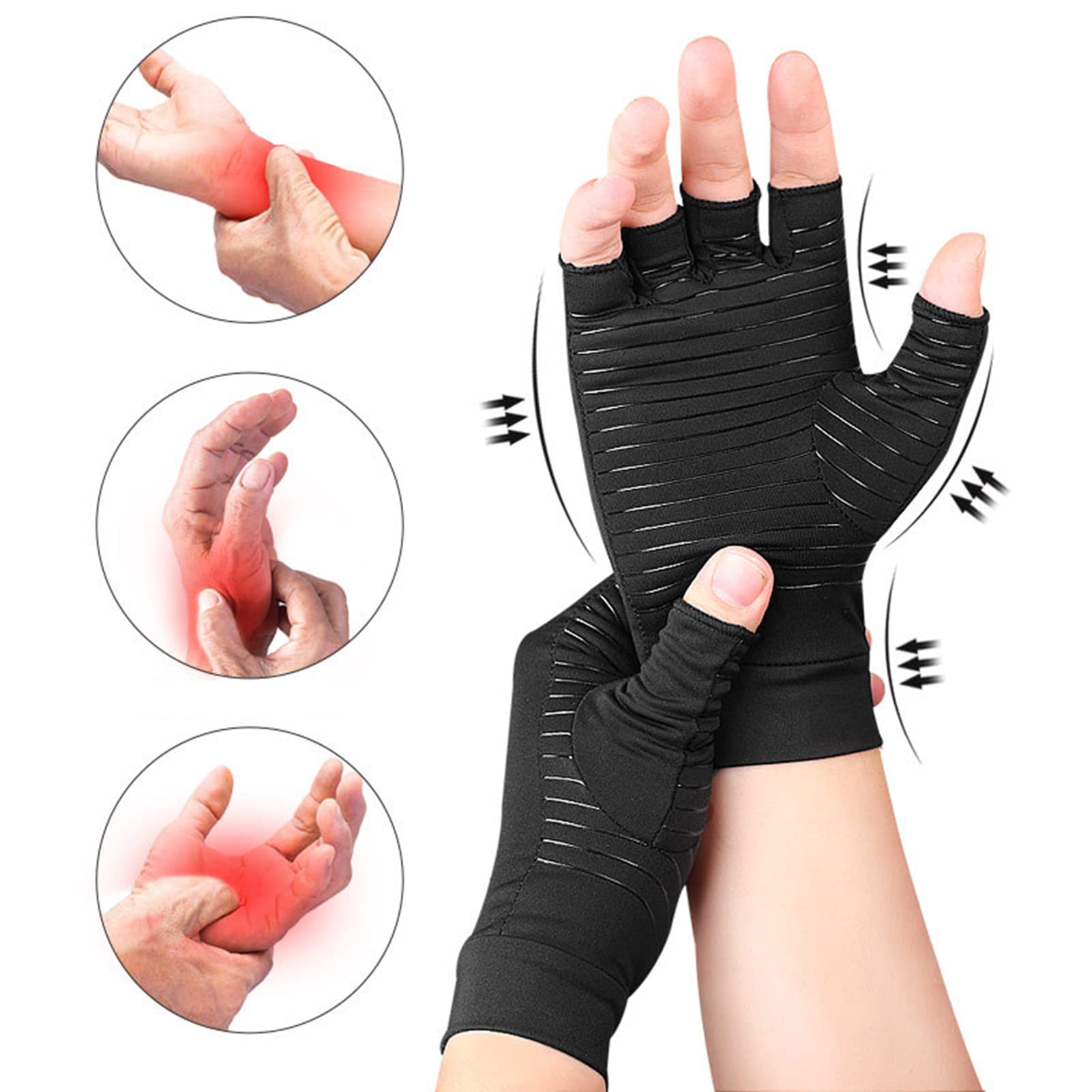 Beufee Fingerless Compression Gloves, Copper Compression Arthritis Gloves Hand Support Wrist Brace Fingerless Gloves for Men Women (S)