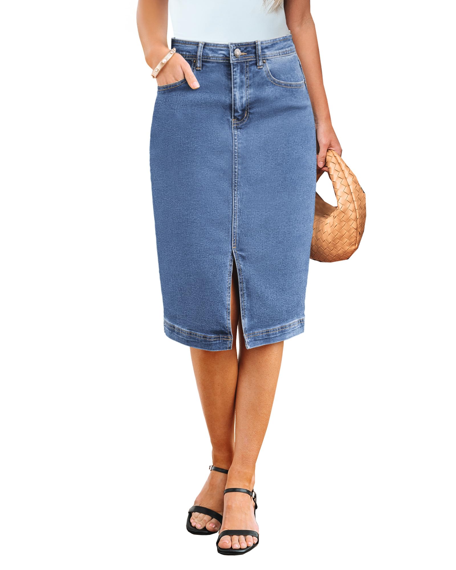luvamia Jean Skirts for Women Denim Trendy Summer Casual Stretchy High Waisted Midi Below Knee Pencil Skirt with