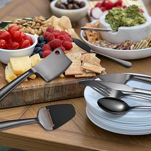 Miniatura 6 de Juego de 8 cuchillos de queso negro con cuchillo de comedor, tenedor, cuchara de acero inoxidable, multifuncional, utensilios de cocina, utensilios