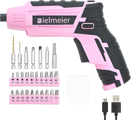 Juego de destornilladores inalámbricos rosa de 4 V, pequeño taladro eléctrico para mujer, recargable con juego de 27 destornilladores eléctricos,