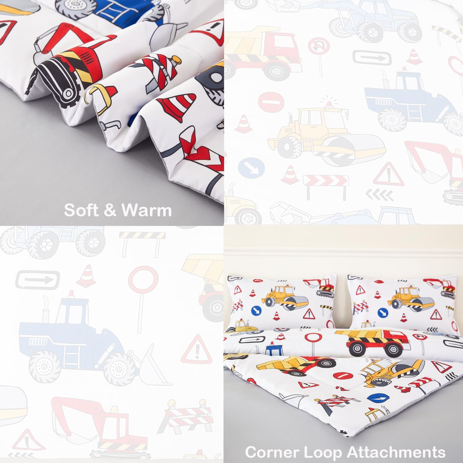 ANGIYUIN 5 Pieces Red Blue Twin Size Comforter Sets for Boys Construction Kids Bedding Sets Cartoon Excavator Tractors Bed in a Bag with Sheets for All Season - Image 8